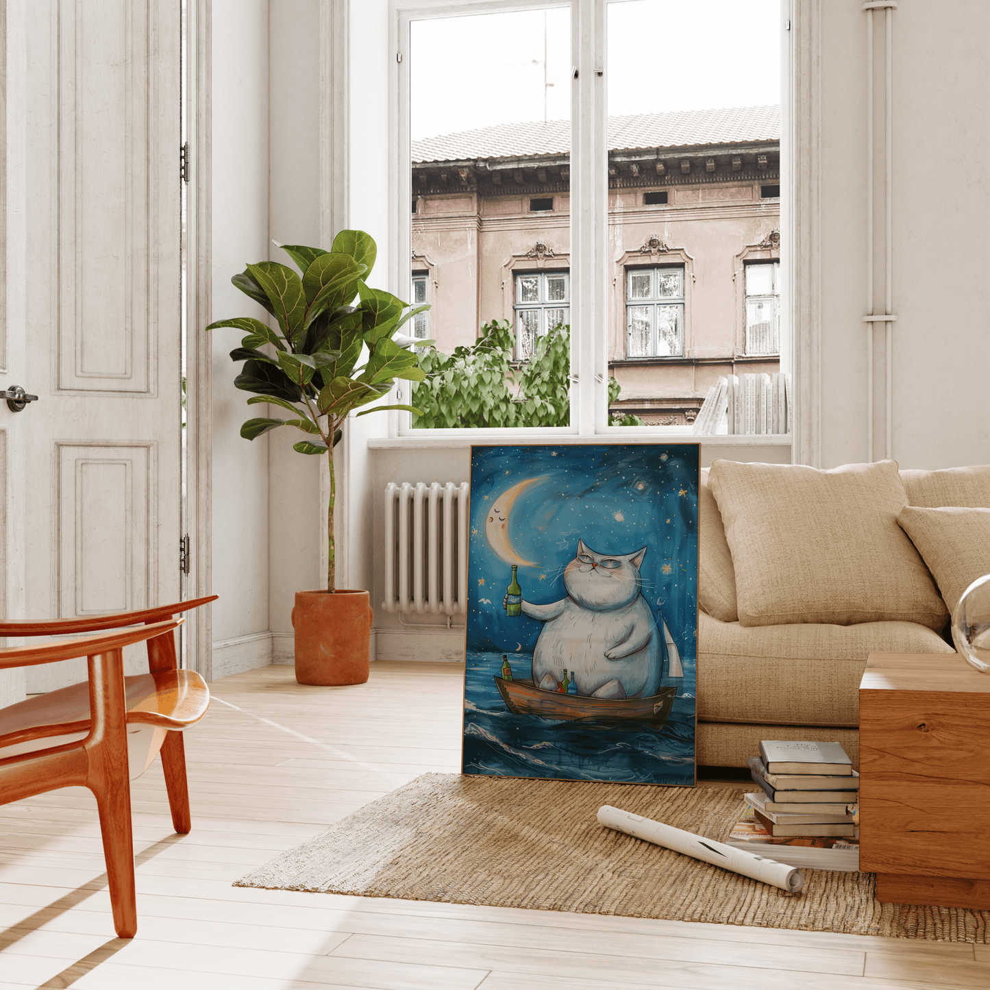 Painting of a fat cat on a rowboat, drinking alcohol and cheering the moon, leaning on a couch in the living room - Paw Prints