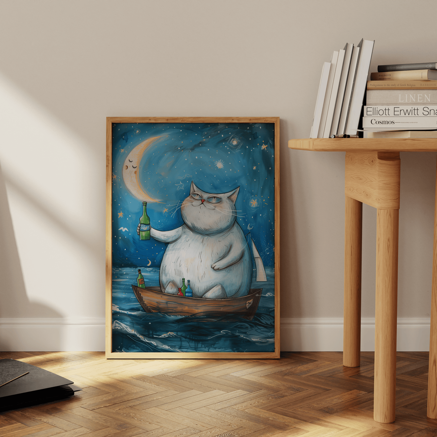Painting of a fat cat on a rowboat, drinking alcohol and cheering the moon, leaning against the office floor - Paw Prints