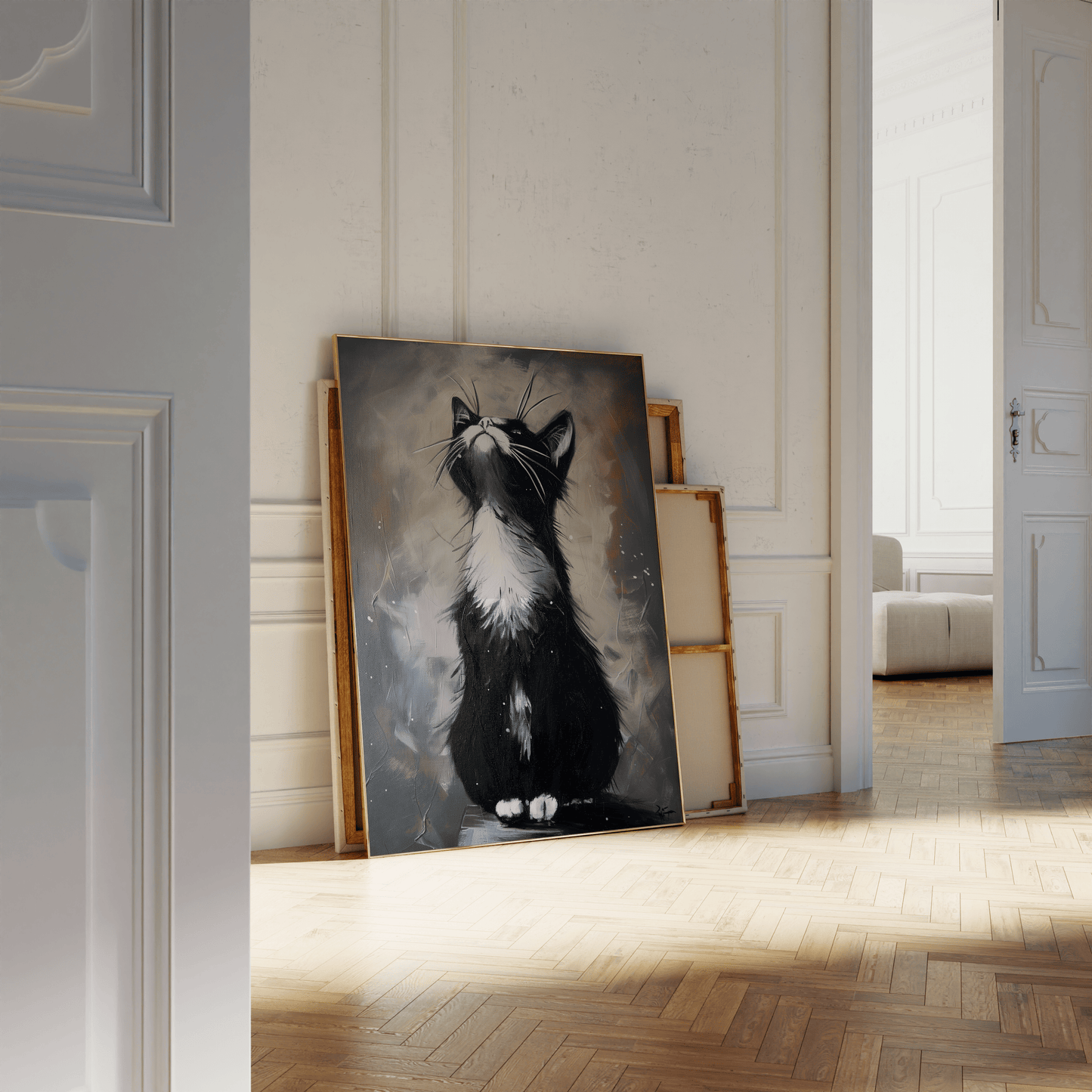 Painting of a black and white cat having a morning stretch, leaning against a white bathroom wall - Paw Prints