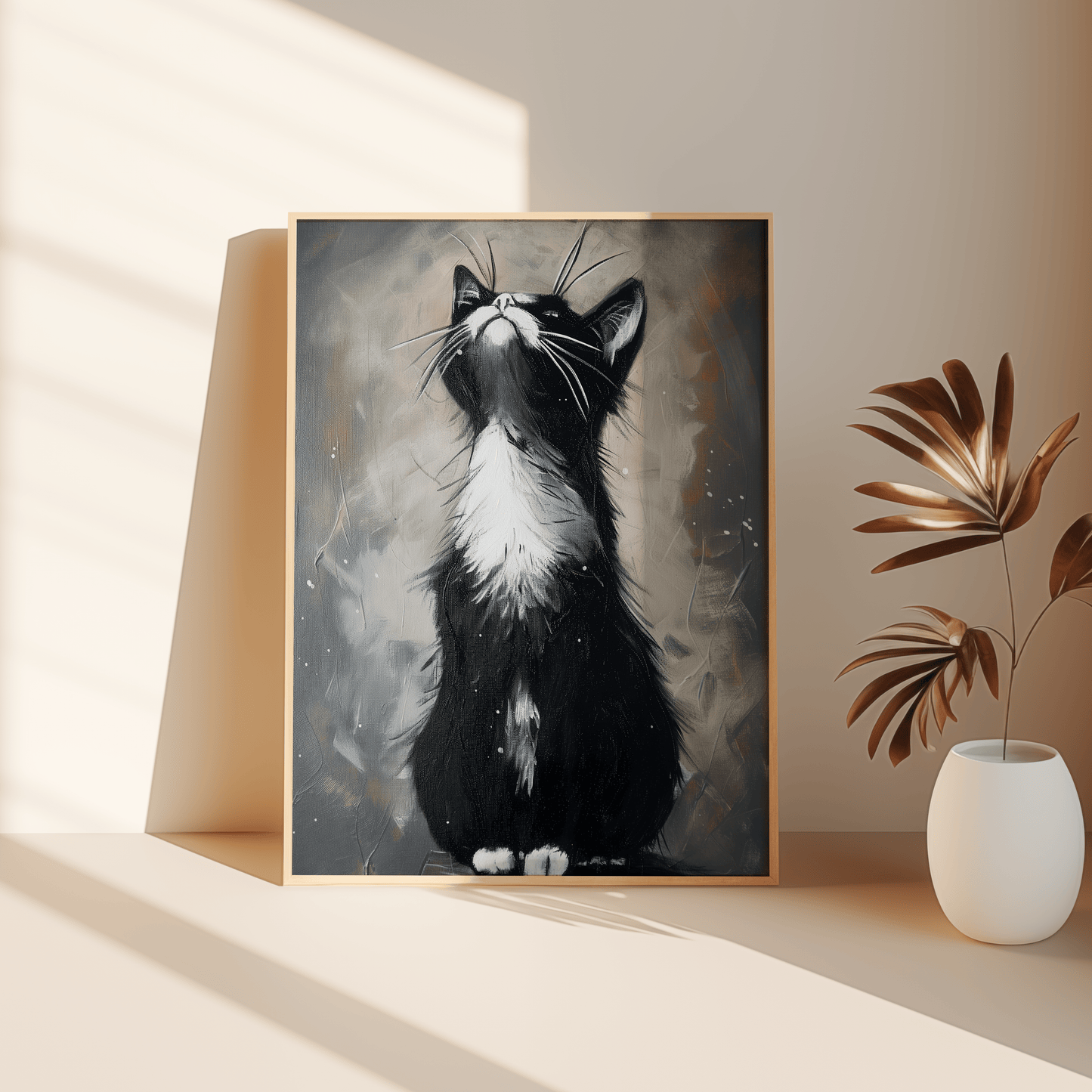 Painting of a black and white cat having a morning stretch, leaning against the bedroom floor - Paw Prints