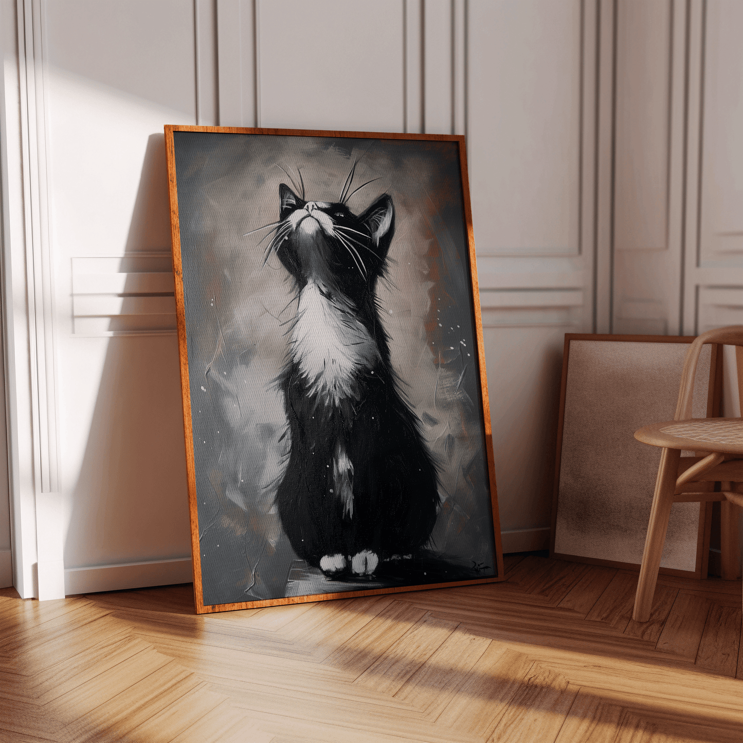 Painting of a black and white cat having a morning stretch, reaching to the sky, in hallway - Paw Prints