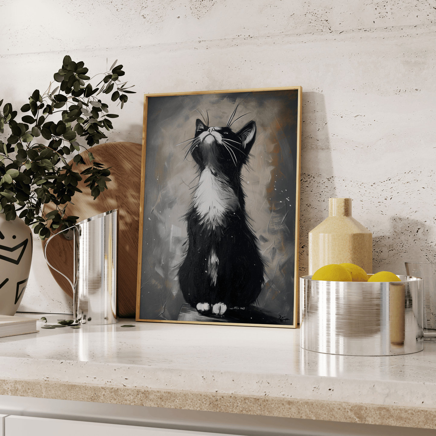 Painting of a black and white cat having a morning stretch, leaning against the kitchen counter - Paw Prints