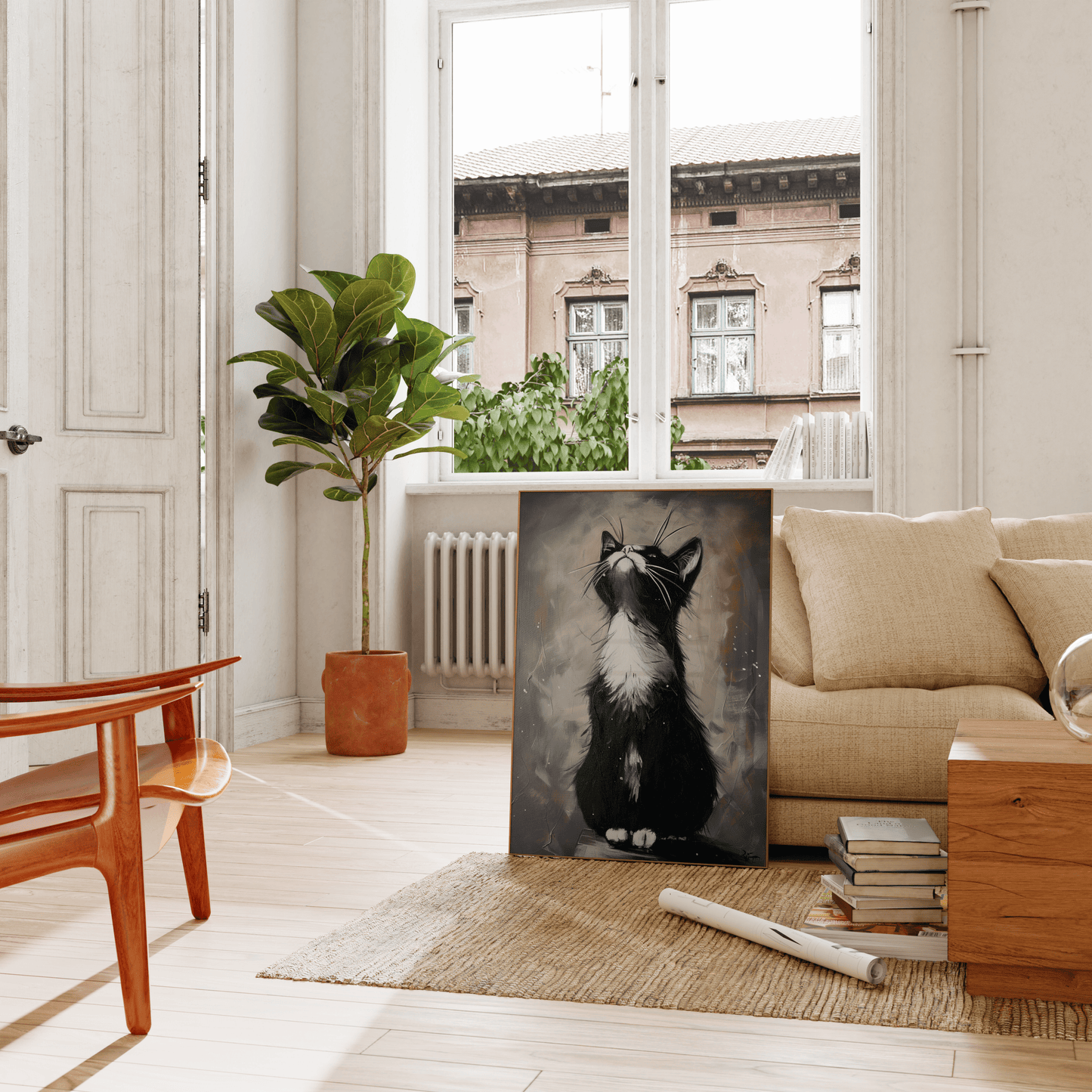 Painting of a black and white cat having a morning stretch, leaning on a couch in the living room - Paw Prints