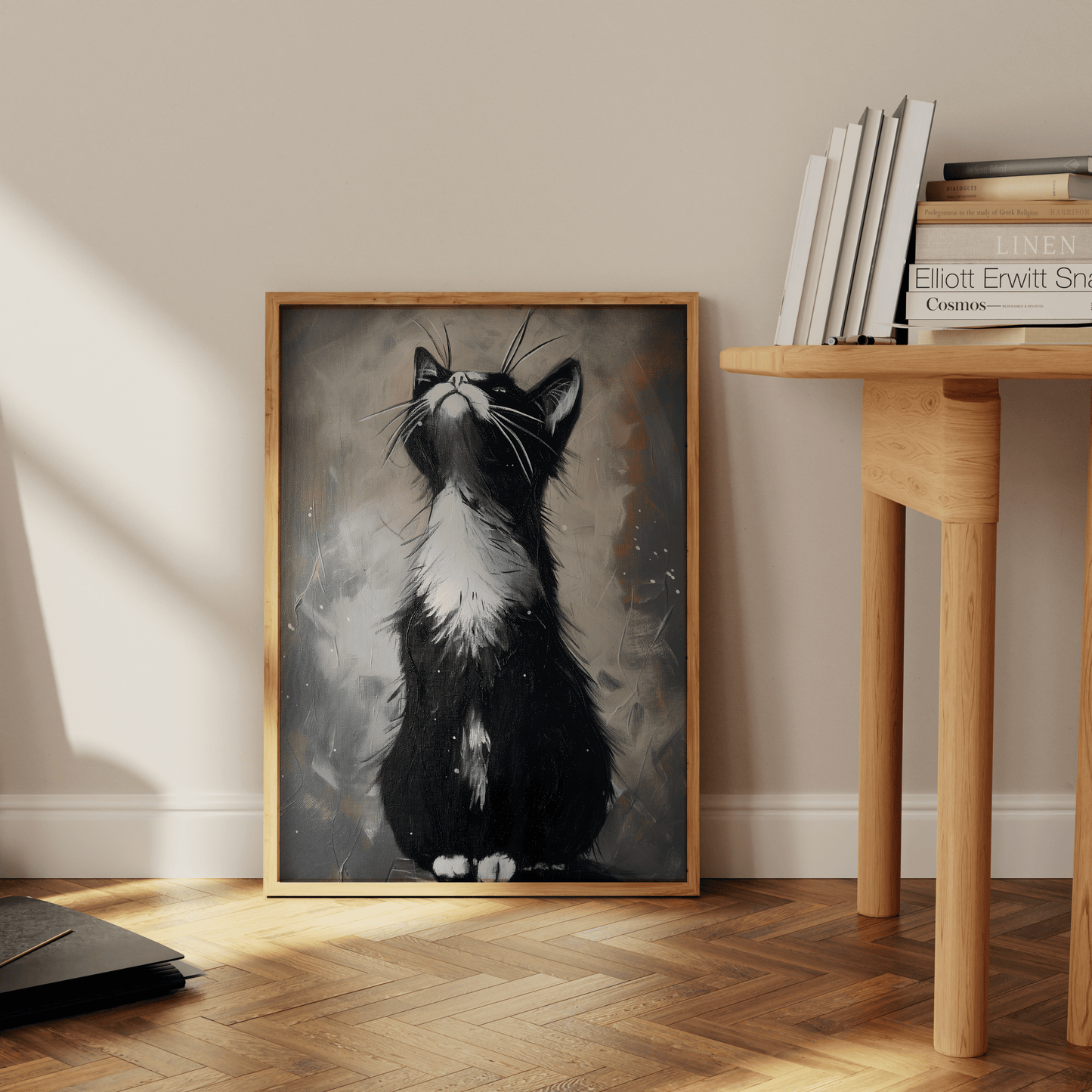 Painting of a black and white cat having a morning stretch, leaning against the office wall - Paw Prints