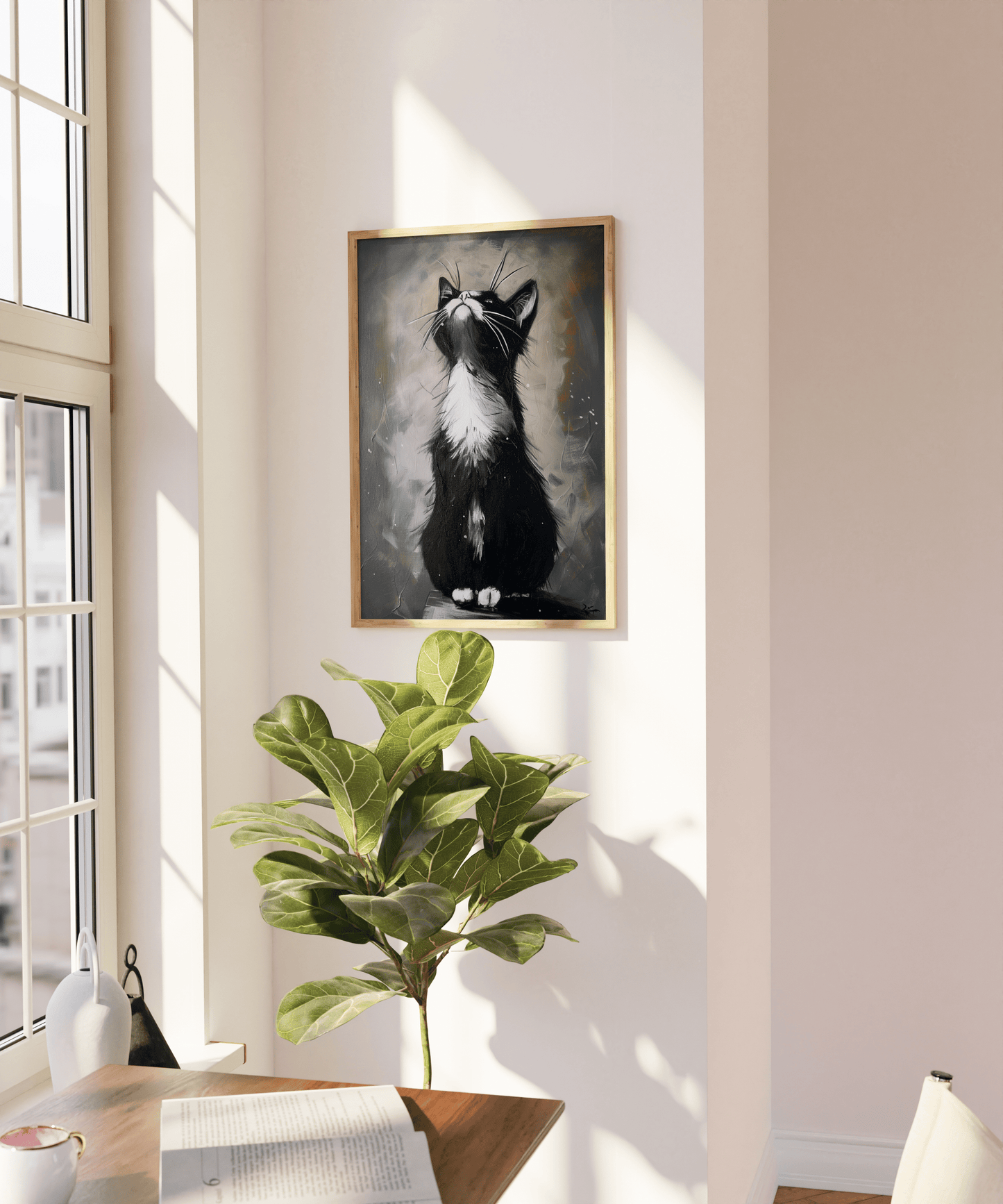 Painting of a black and white cat having a morning stretch, on a blank wall - Paw Prints
