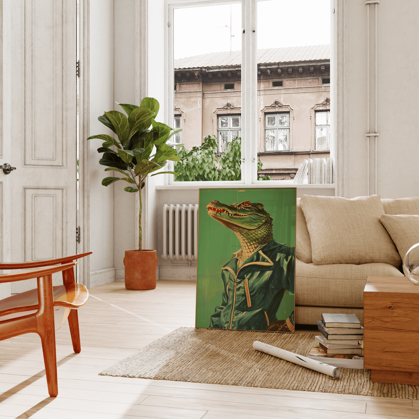 Retro vintage framed poster of a crocodile wearing a tracksuit, leaning on a couch in the living room - Paw Prints