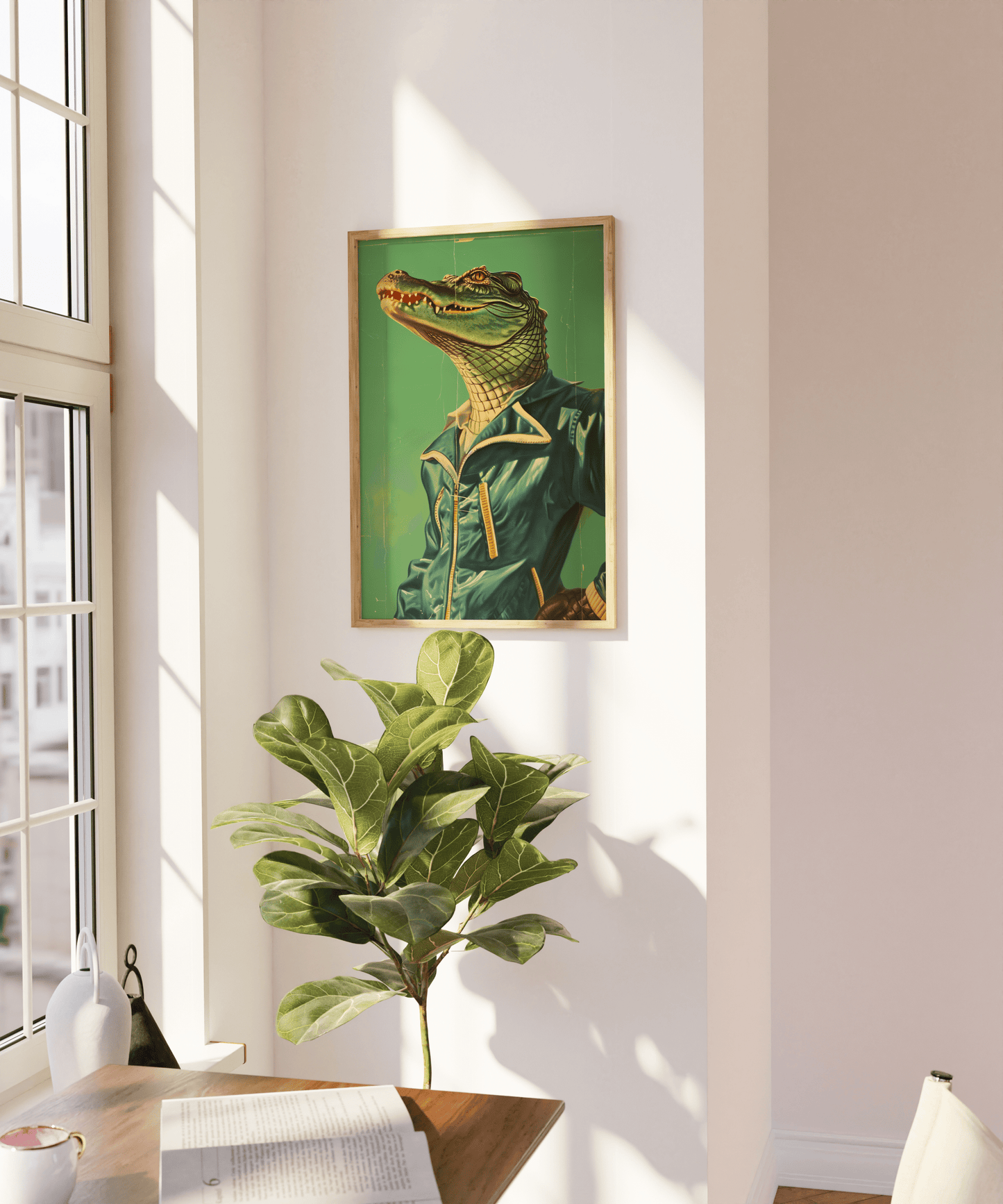 Retro vintage framed poster of a crocodile wearing a tracksuit, on a blank wall - Paw Prints
