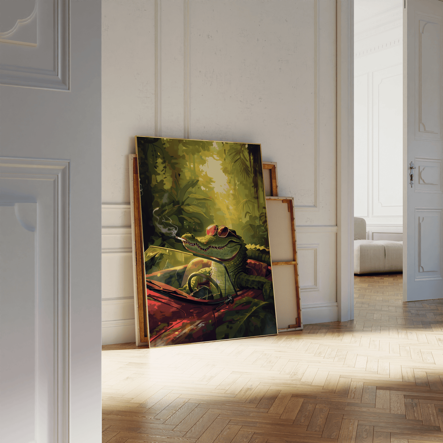 Painting of a crocodile driving in the jungle while smoking a cigarette, leaning against a white bathroom wall - Paw Prints
