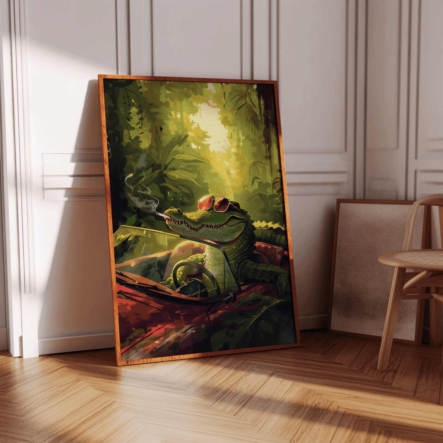 Painting of a pimp crocodile drifting his car in the jungle while smoking a cigarette, in a hallway - Paw Prints