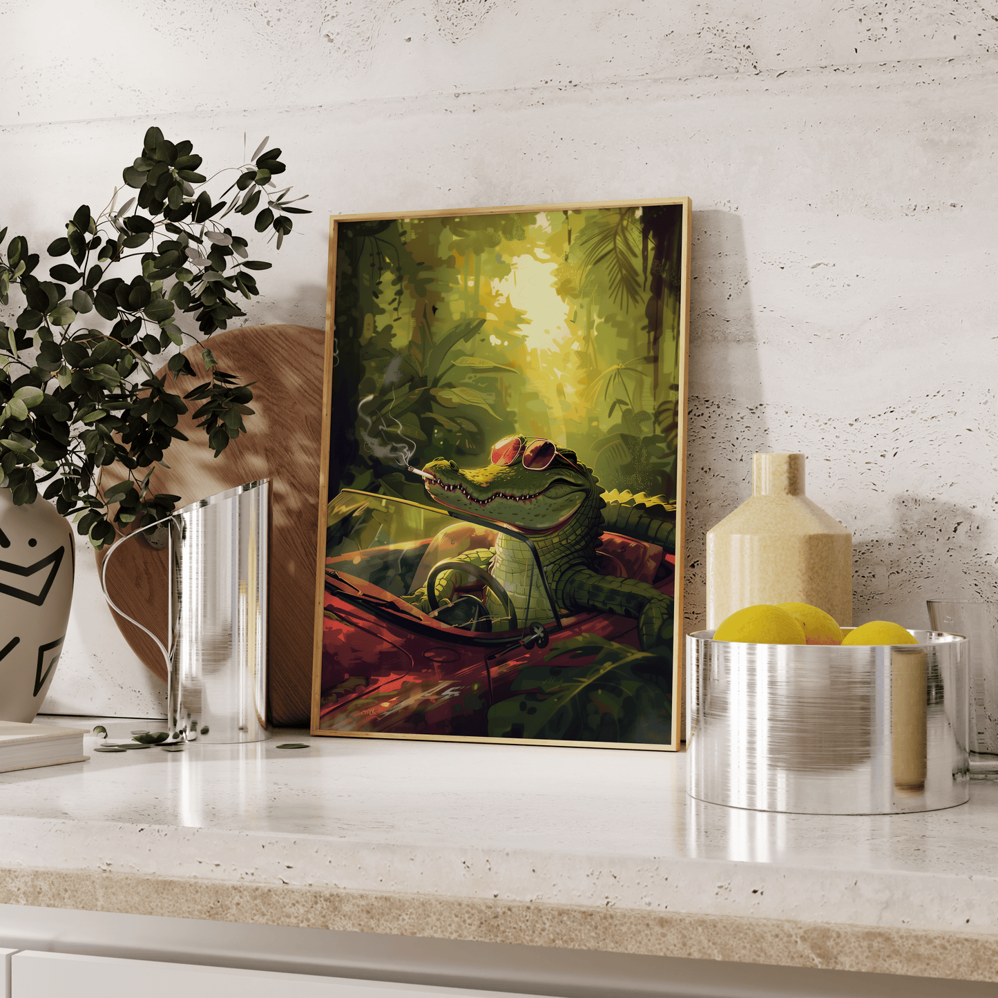 Painting of a crocodile driving in the jungle while smoking a cigarette, leaning against the kitchen counter - Paw Prints