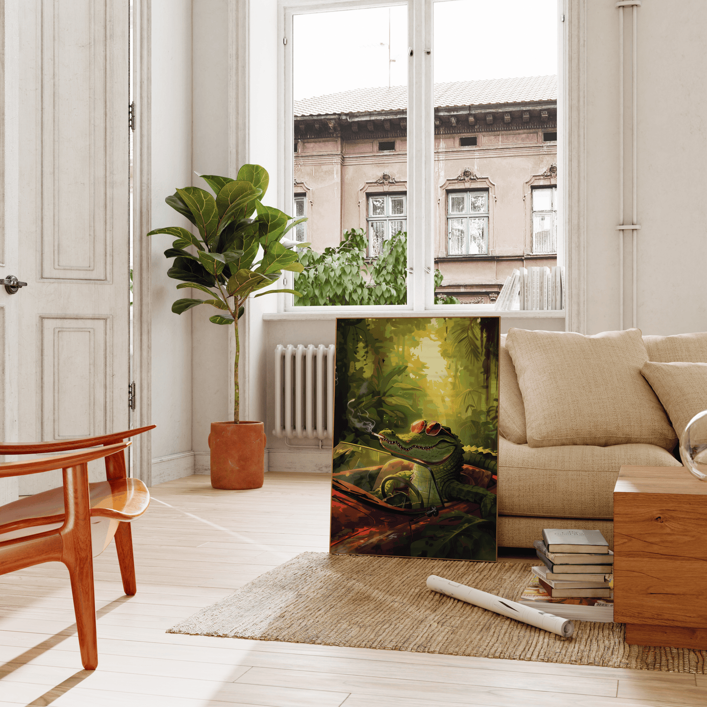 Painting of a crocodile driving in the jungle while smoking a cigarette, leaning on a couch in the living room - Paw Prints