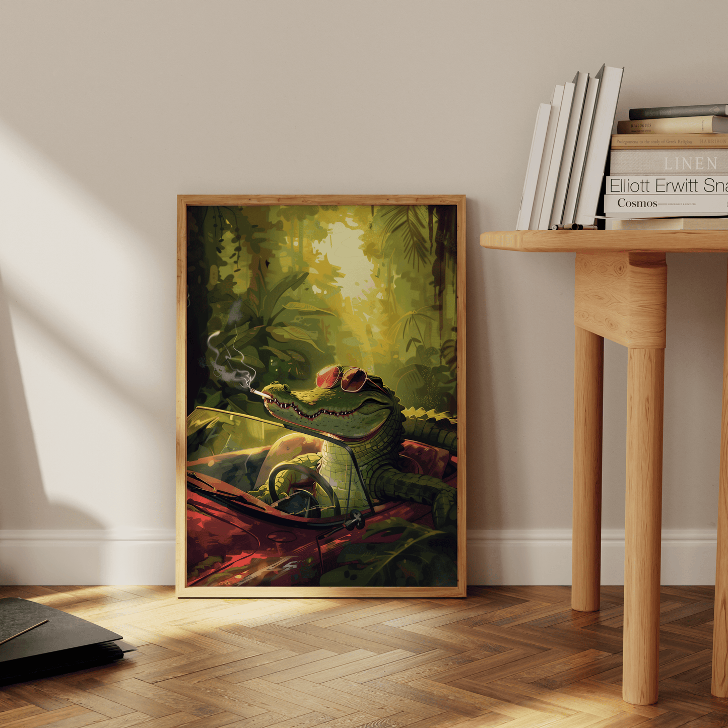 Painting of a crocodile driving in the jungle while smoking a cigarette, leaning against the office wall - Paw Prints
