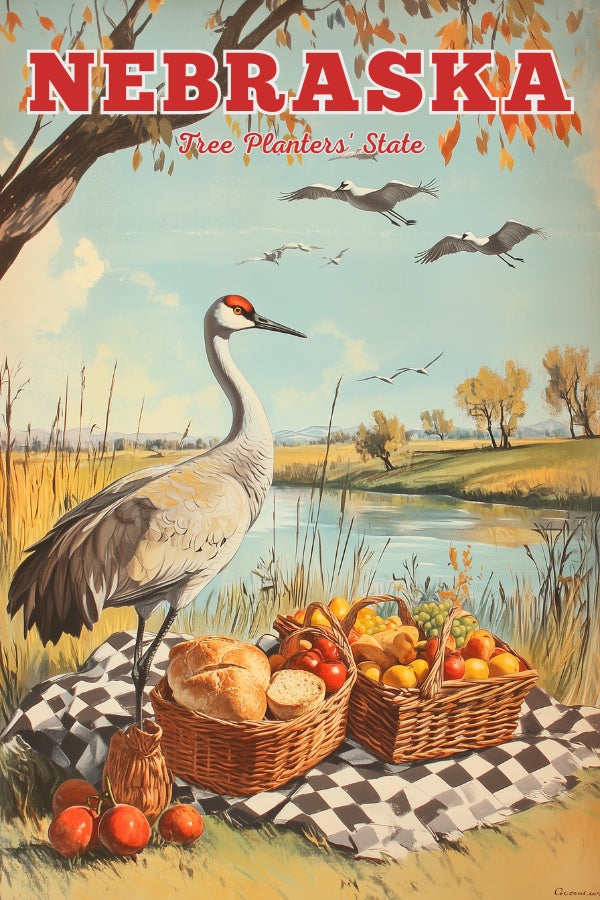 "Nebraska", a vintage travel poster, featuring a Sandhill Crane having a picnic in autumn Nebraska by a lake