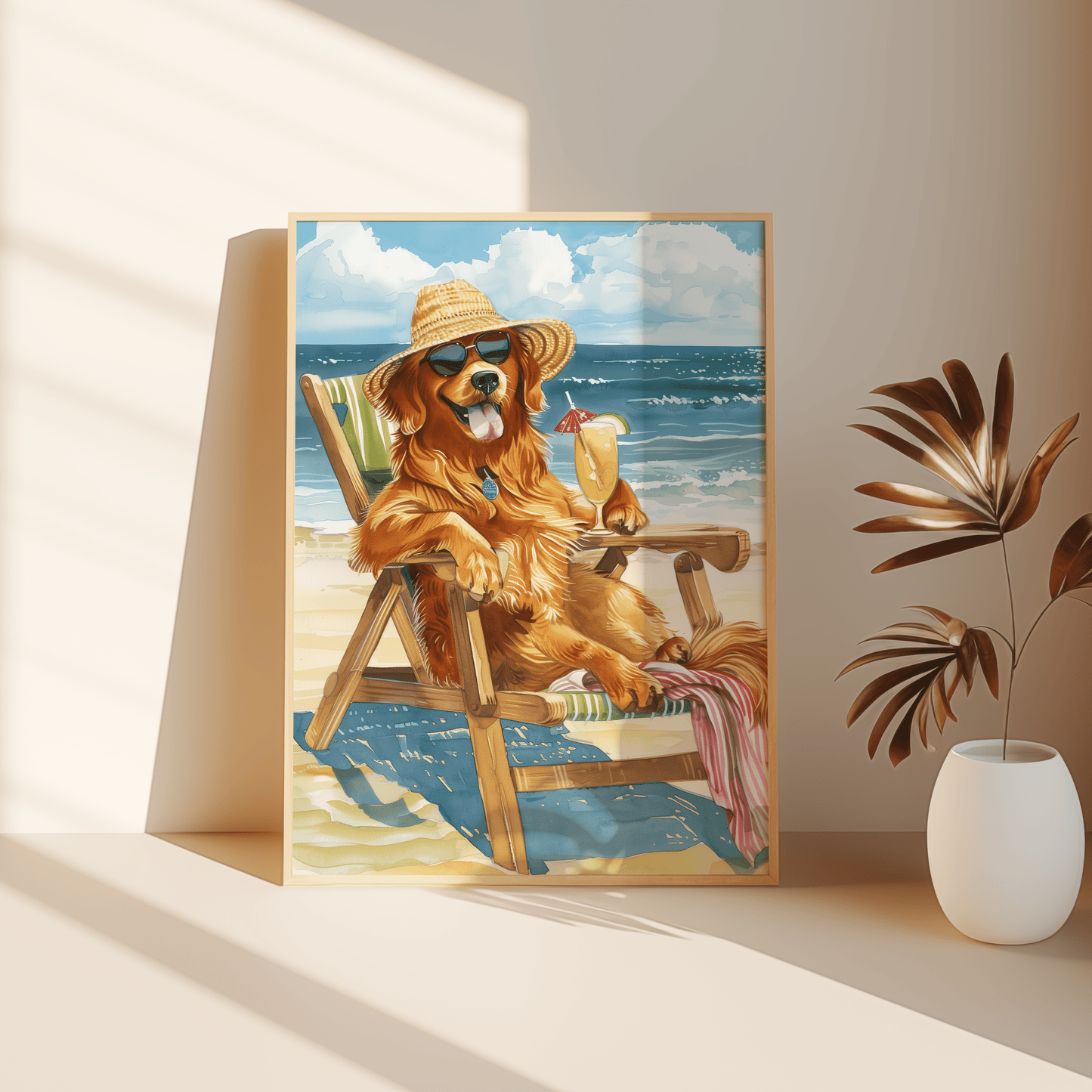 Painting of a Golden Retriever sunbathing at the beach with a cocktail, leaning against the bedroom floor - Paw Prints