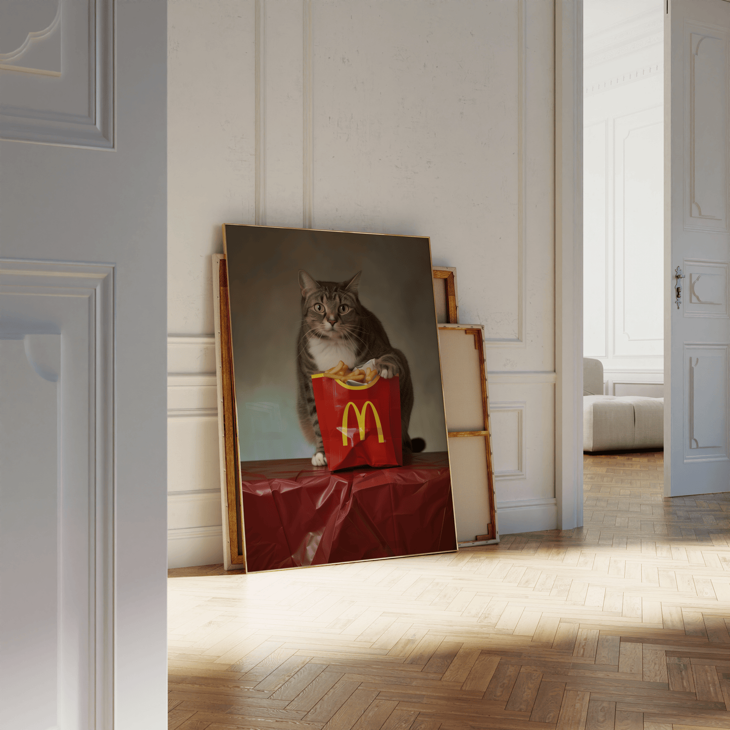 Photoshoot of a cat with its paws on McDonalds fries, promotional style, leaning against a white bathroom wall - Paw Prints