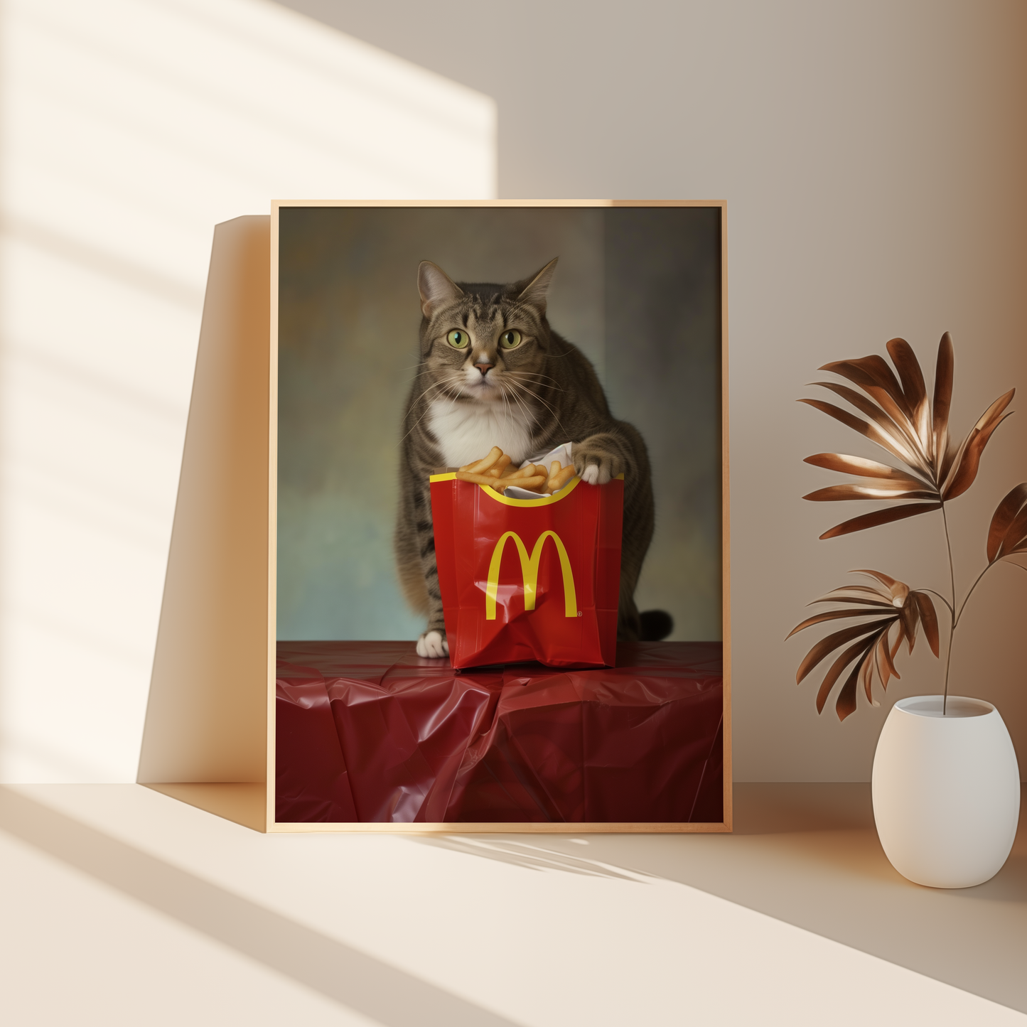 Photoshoot of a cat with its paws on McDonalds fries, promotional style, leaning against the bedroom floor - Paw Prints
