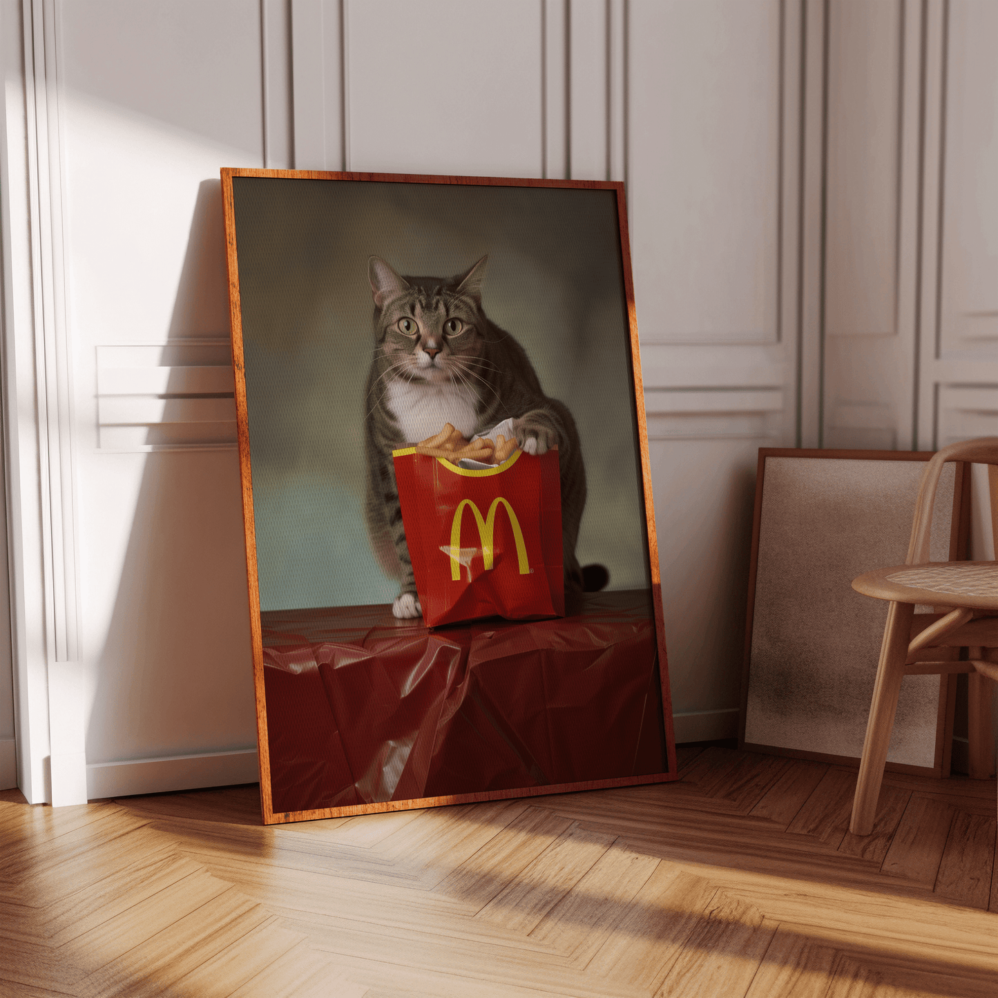 A photoshoot of a cat with its paws on McDonalds fries, promotional style, in a hallway - Paw Prints