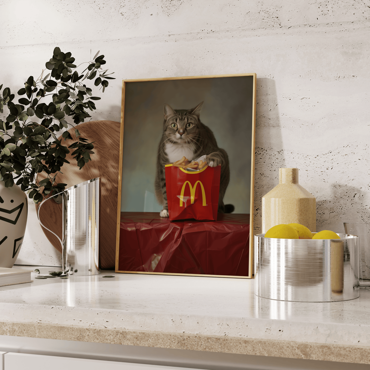 Photoshoot of a cat with its paws on McDonalds fries, promotional style, leaning against the kitchen counter - Paw Prints