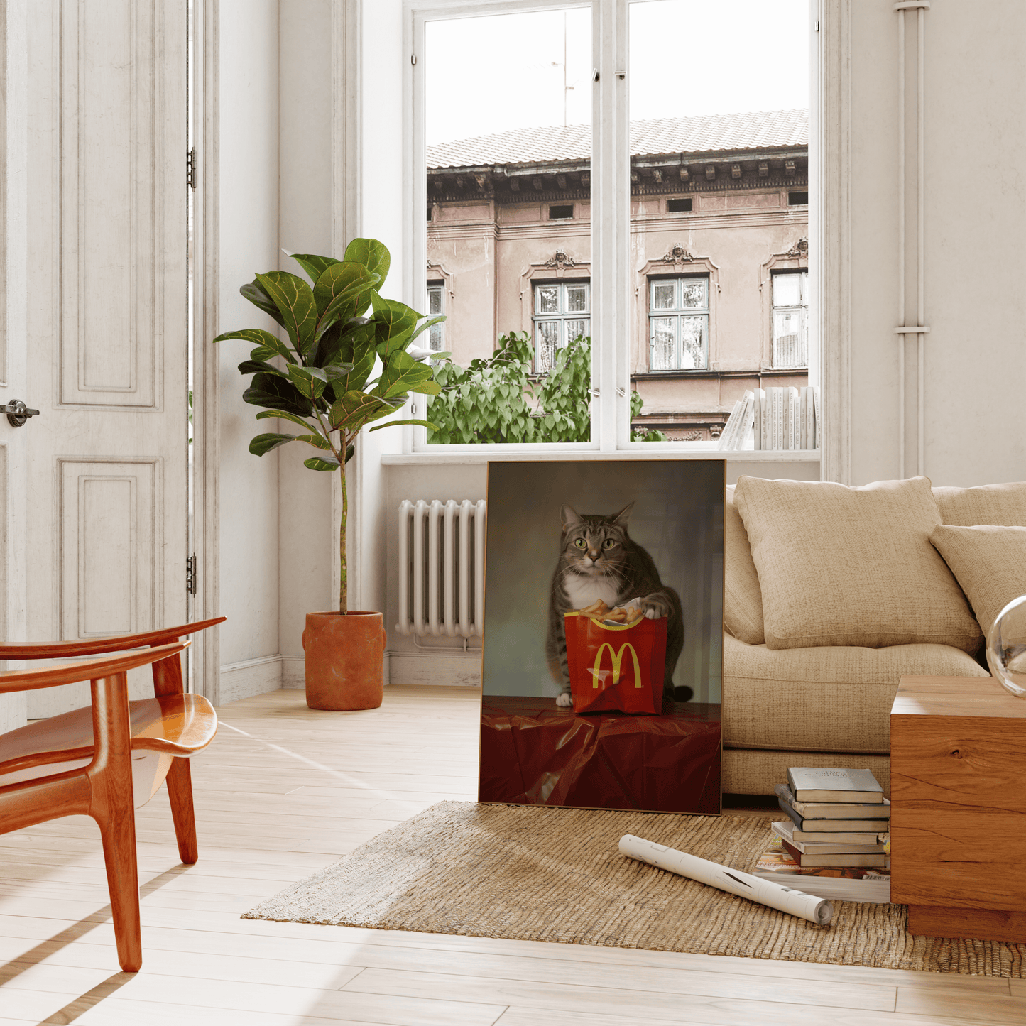 Photoshoot of a cat with its paws on McDonalds fries, promotional style, leaning on a couch in the living room - Paw Prints