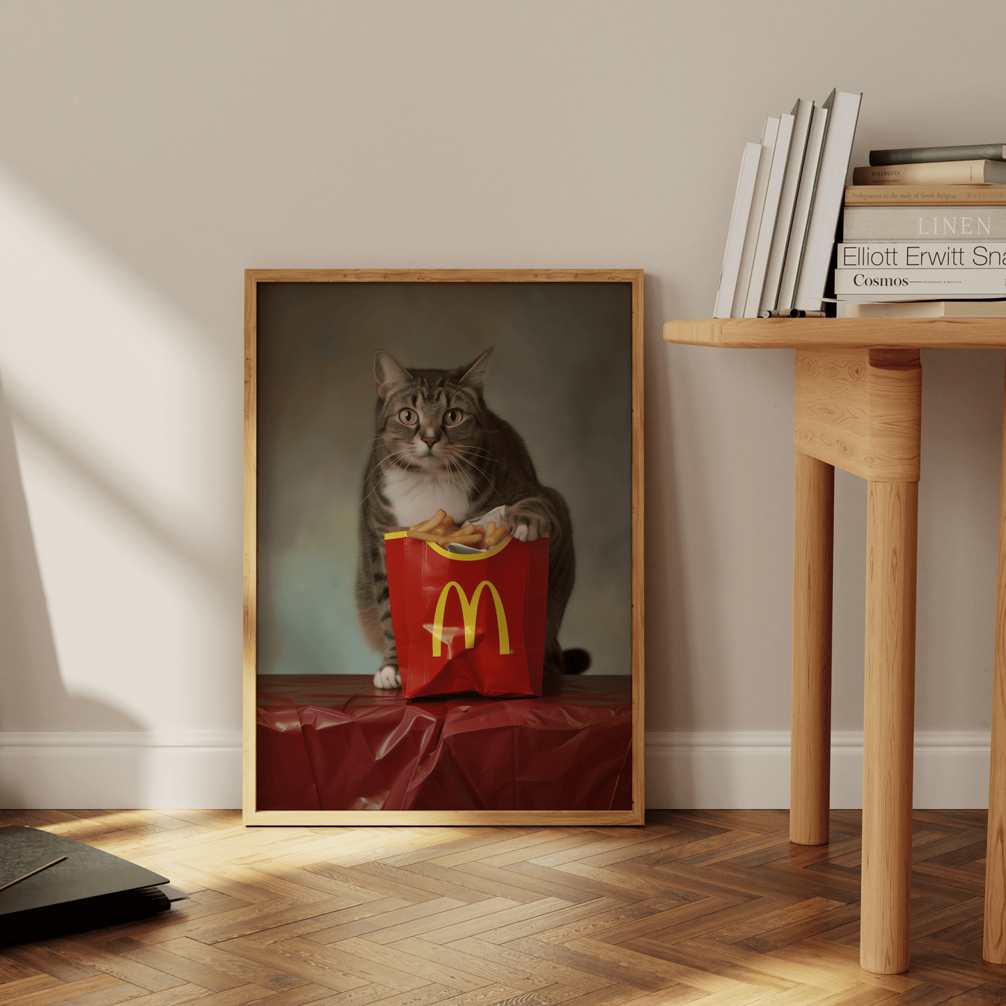 Photoshoot of a cat with its paws on McDonalds fries, promotional style, leaning against the office wall - Paw Prints