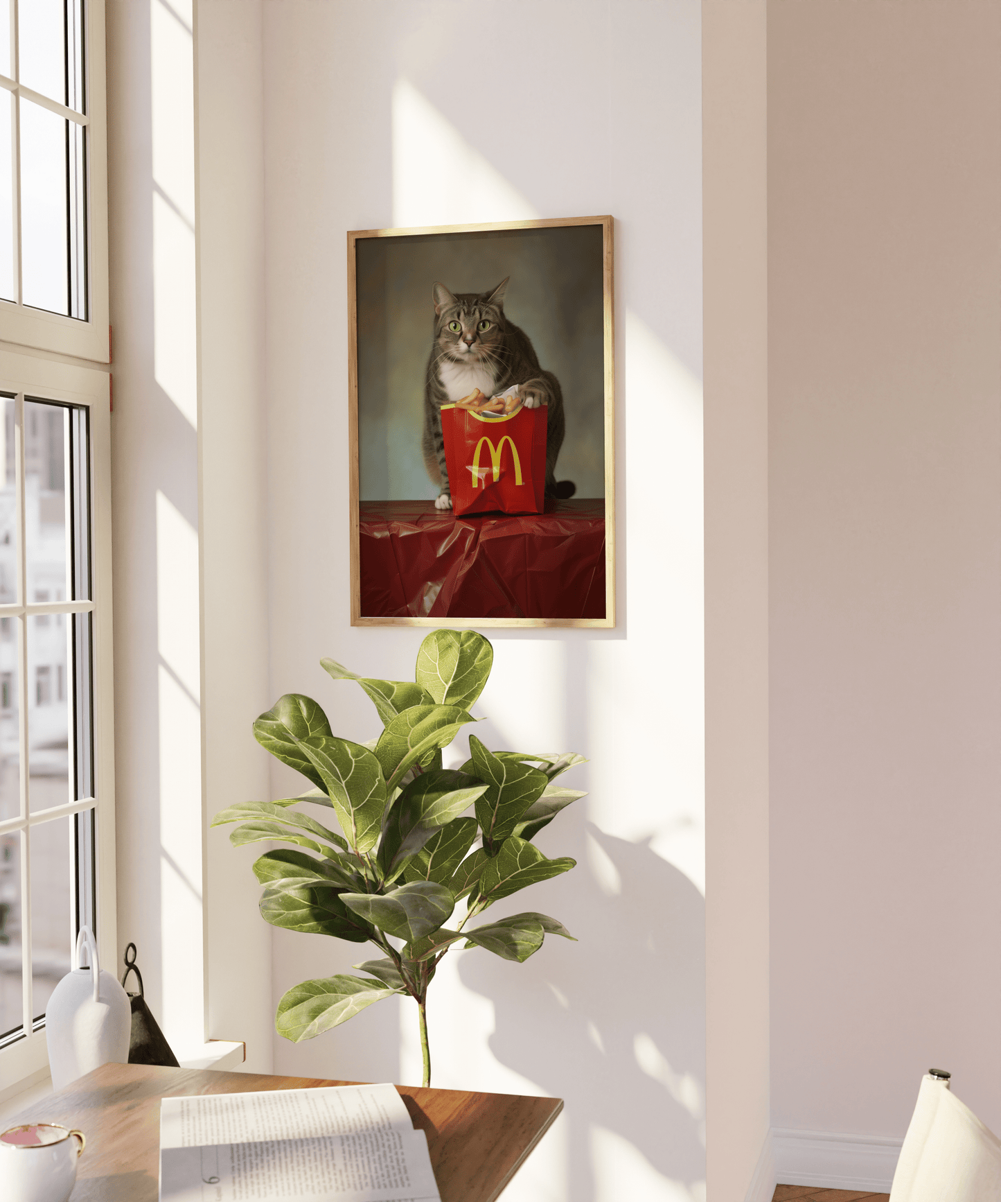 Photoshoot of a cat with its paws on McDonalds fries, promotional style, on a blank wall - Paw Prints