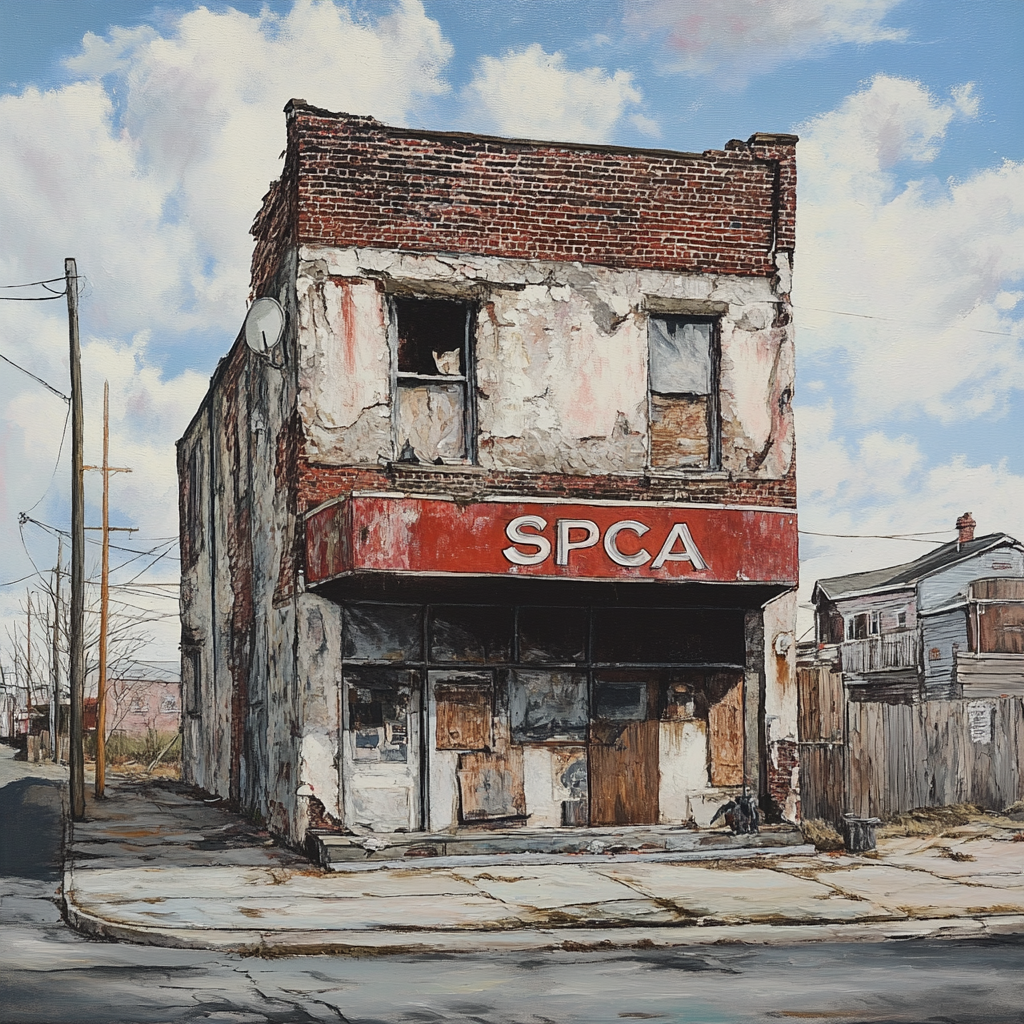Painting of a run down SPCA - Paw Prints