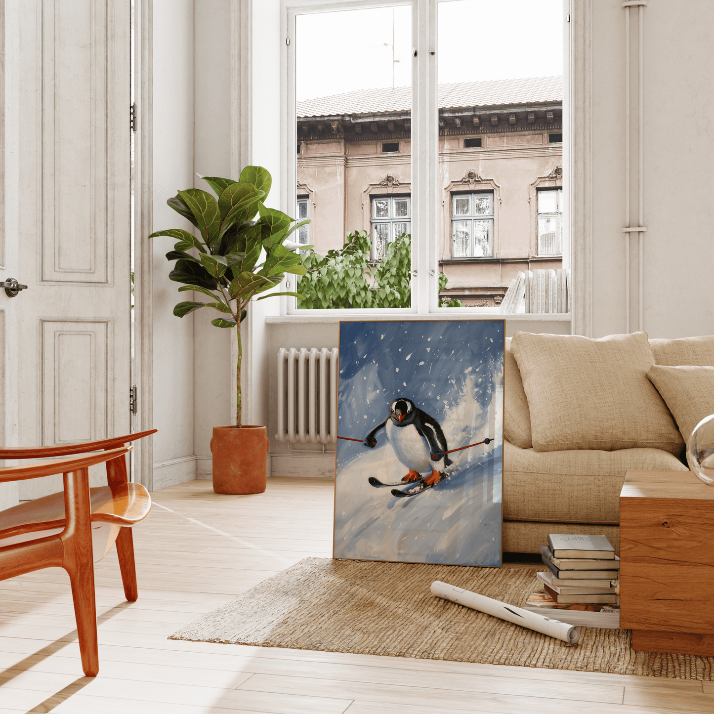 Painting of a penguin skiing down a snowy slope, leaning on a couch in the living room - Paw Prints