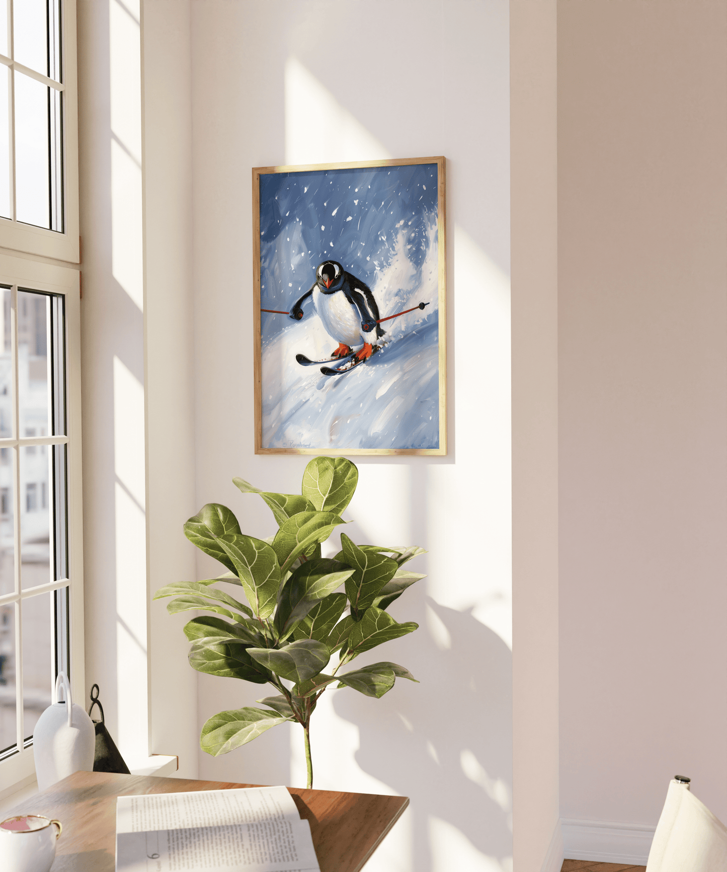 Painting of a penguin skiing down a snowy slope, on a blank wall - Paw Prints