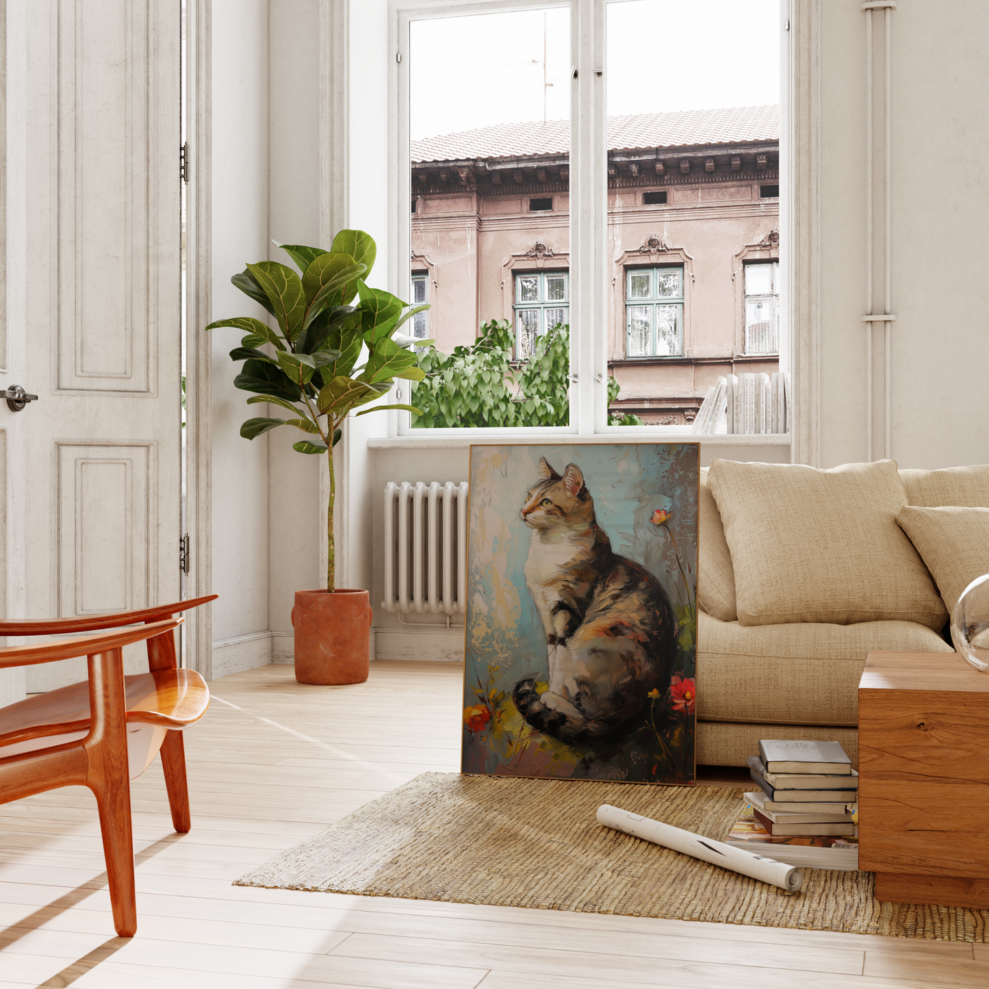 Oil painting of an elegant cat sitting on the grass, rounded by flowers, leaning on a couch in the living room - Paw Prints