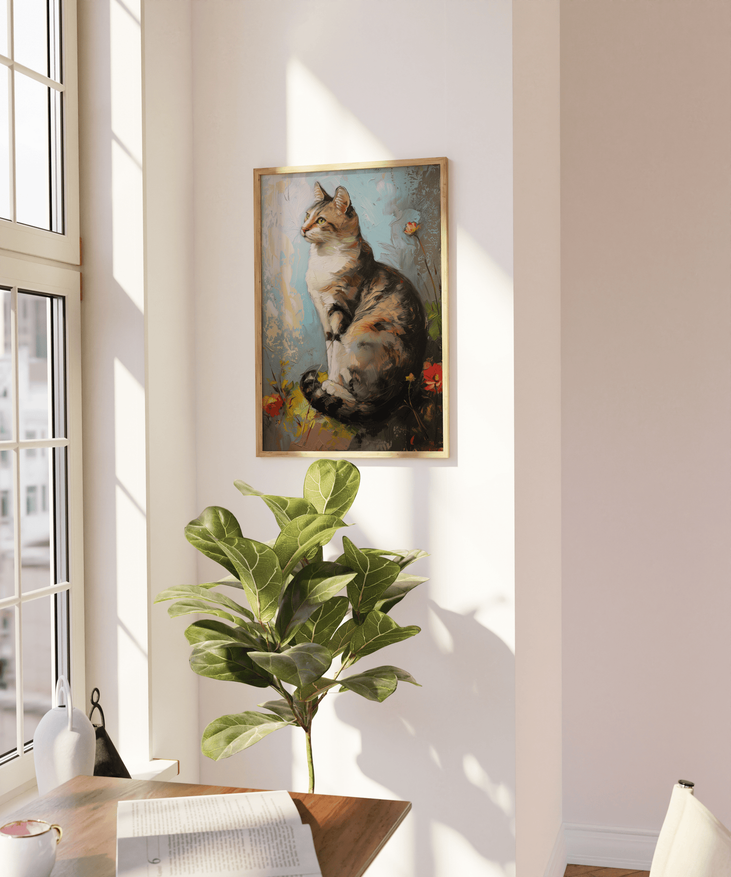 Oil painting of an elegant cat sitting on the grass, rounded by flowers, on a blank wall - Paw Prints
