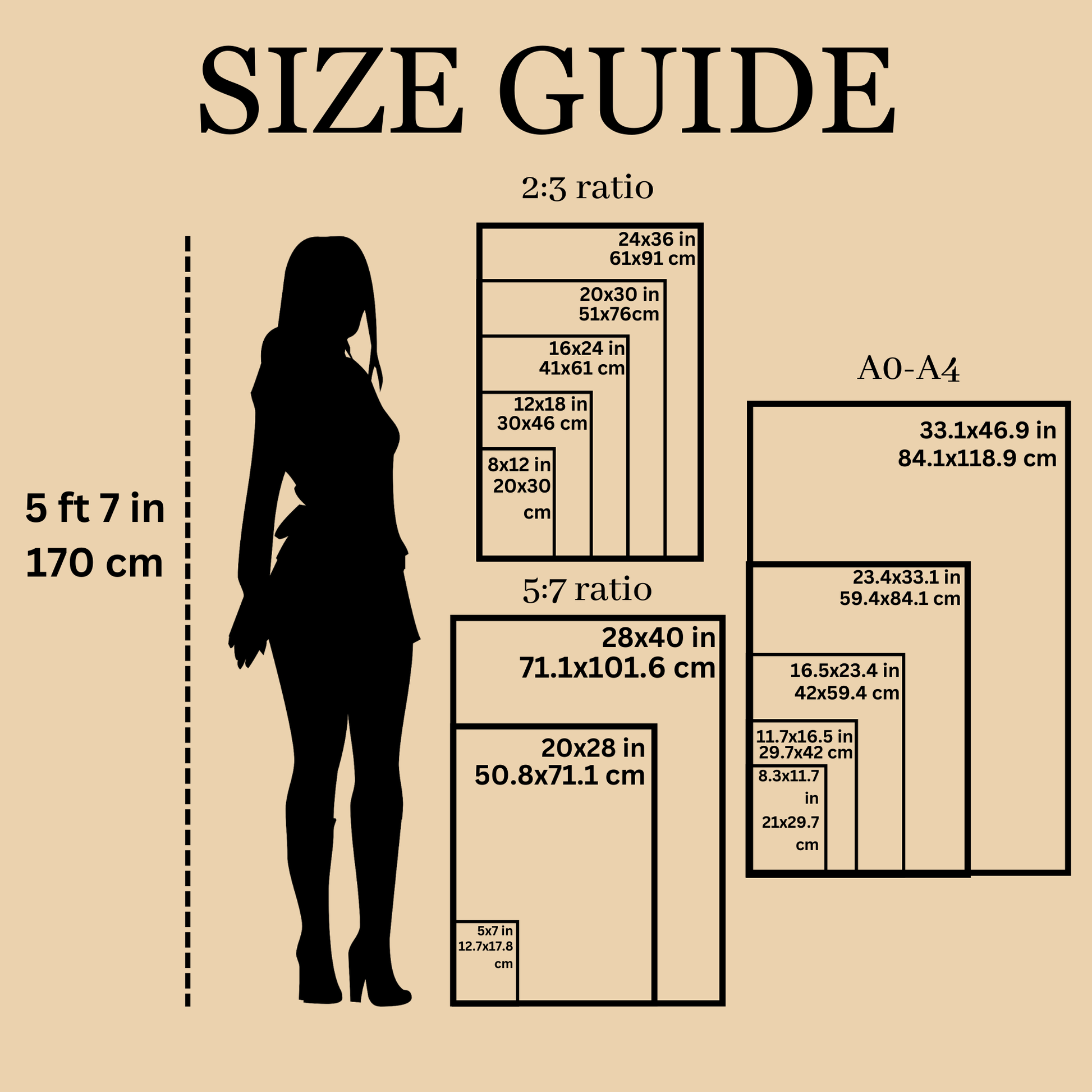 The size chart by Paw Prints features a woman who is 5 foot 7 inches tall for reference, ranging from size A0 to A4.