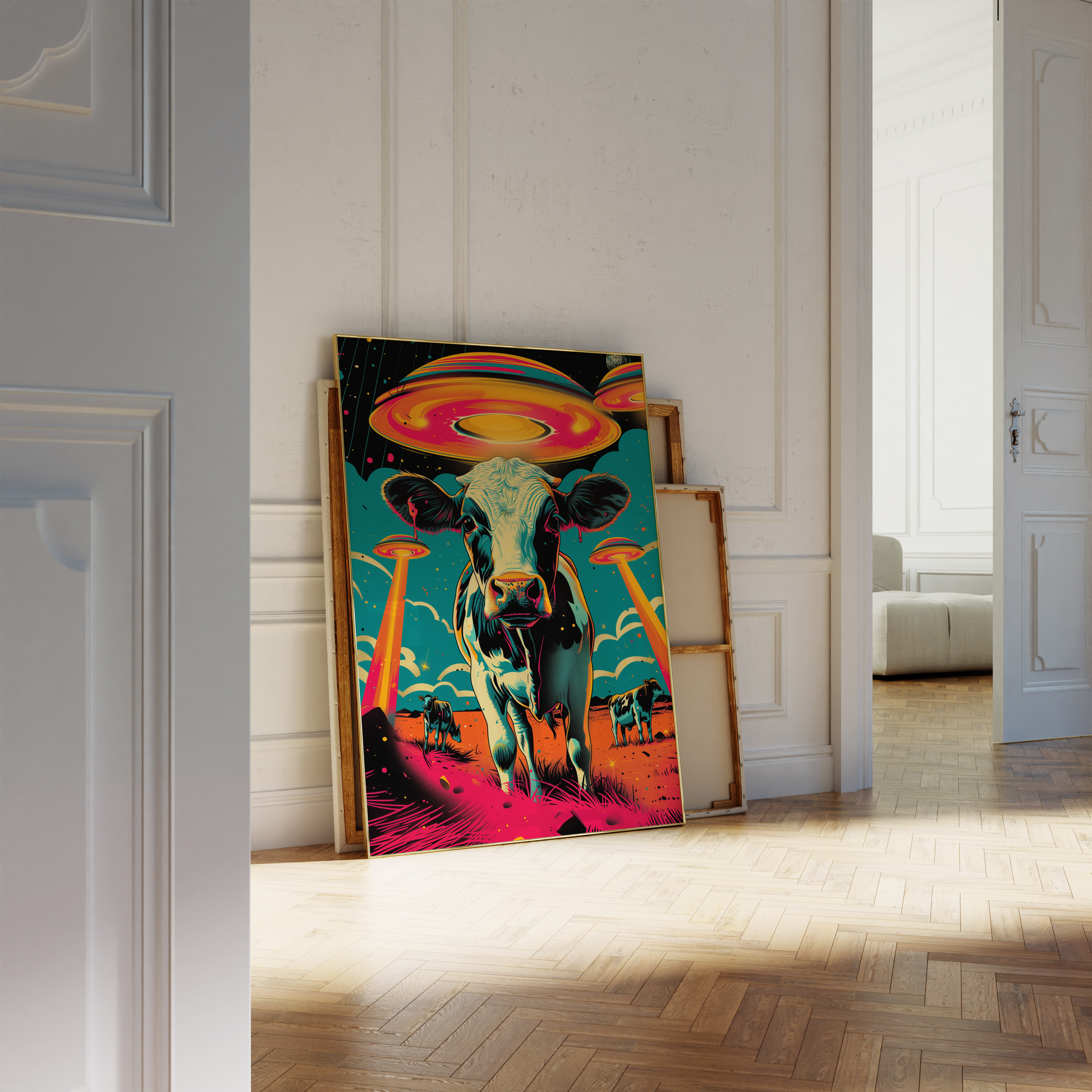 Retro poster with a close-up of a cow with alien UFOs in the background, leaning against a white bathroom wall - Paw Prints