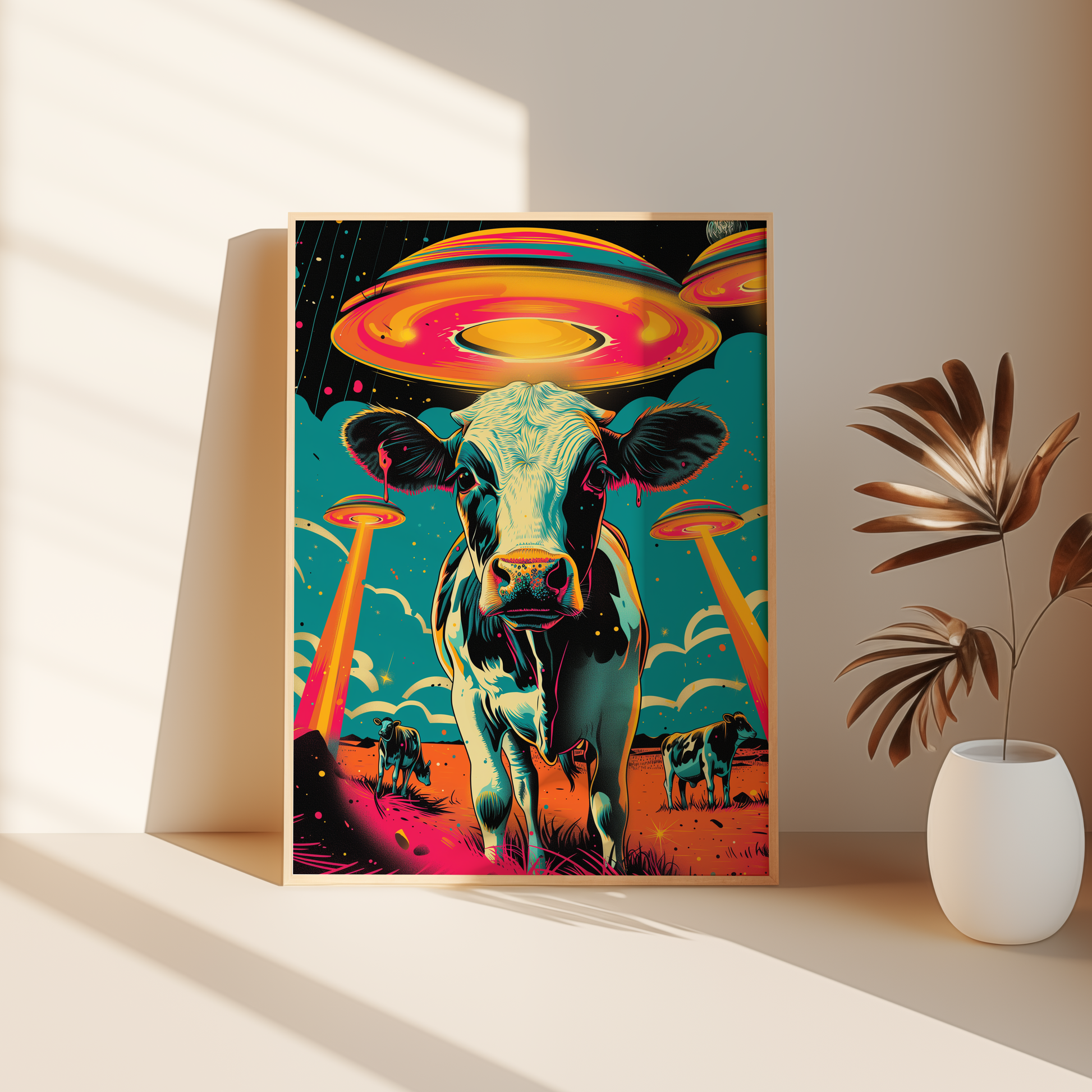 Retro poster with a close-up of a cow with alien UFOs in the background, leaning against the bedroom floor - Paw Prints