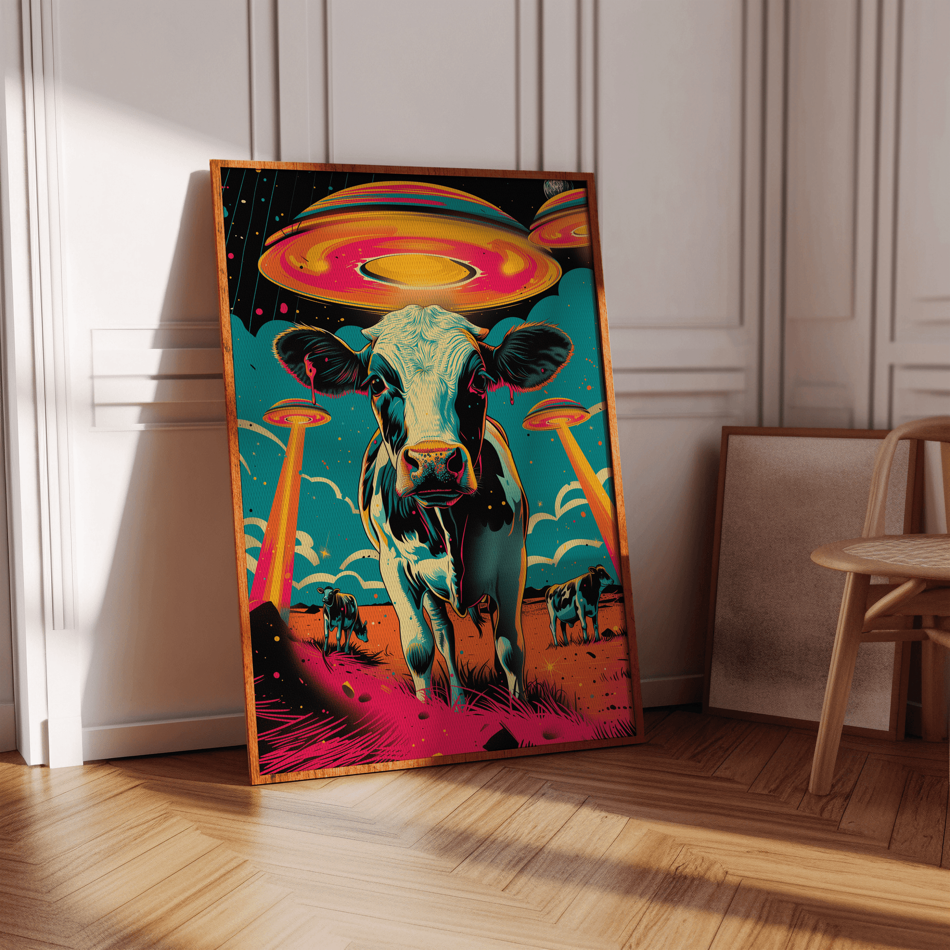 Retro poster with a close-up of a cow on a farm field, with alien UFOs in the background, in a hallway - Paw Prints