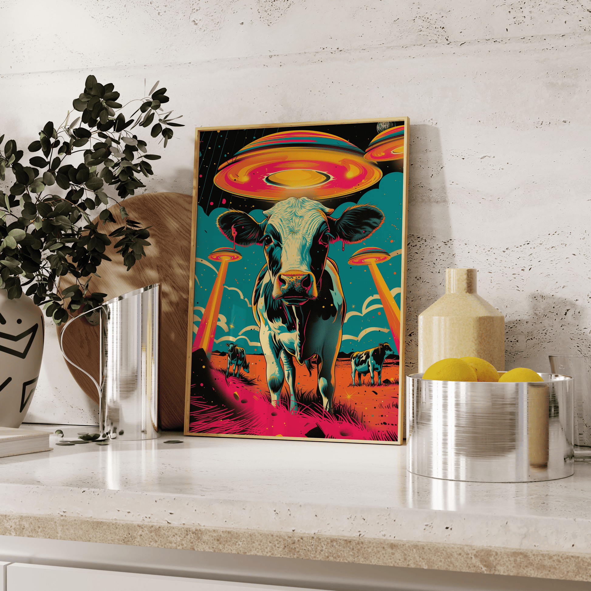 Retro poster with a close-up of a cow with alien UFOs in the background, leaning against the kitchen counter - Paw Prints