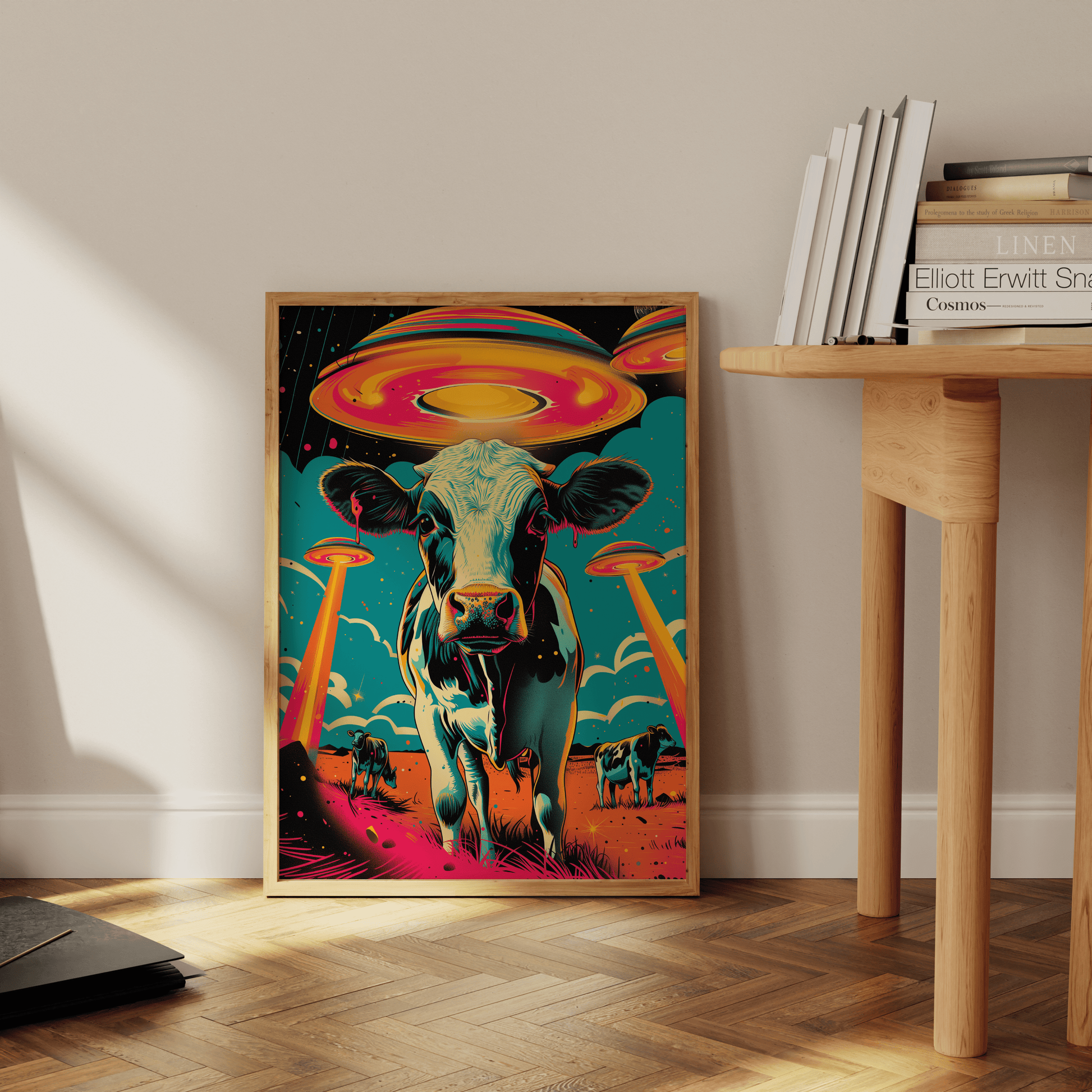 Retro poster with a close-up of a cow with alien UFOs in the background, leaning against the office wall - Paw Prints