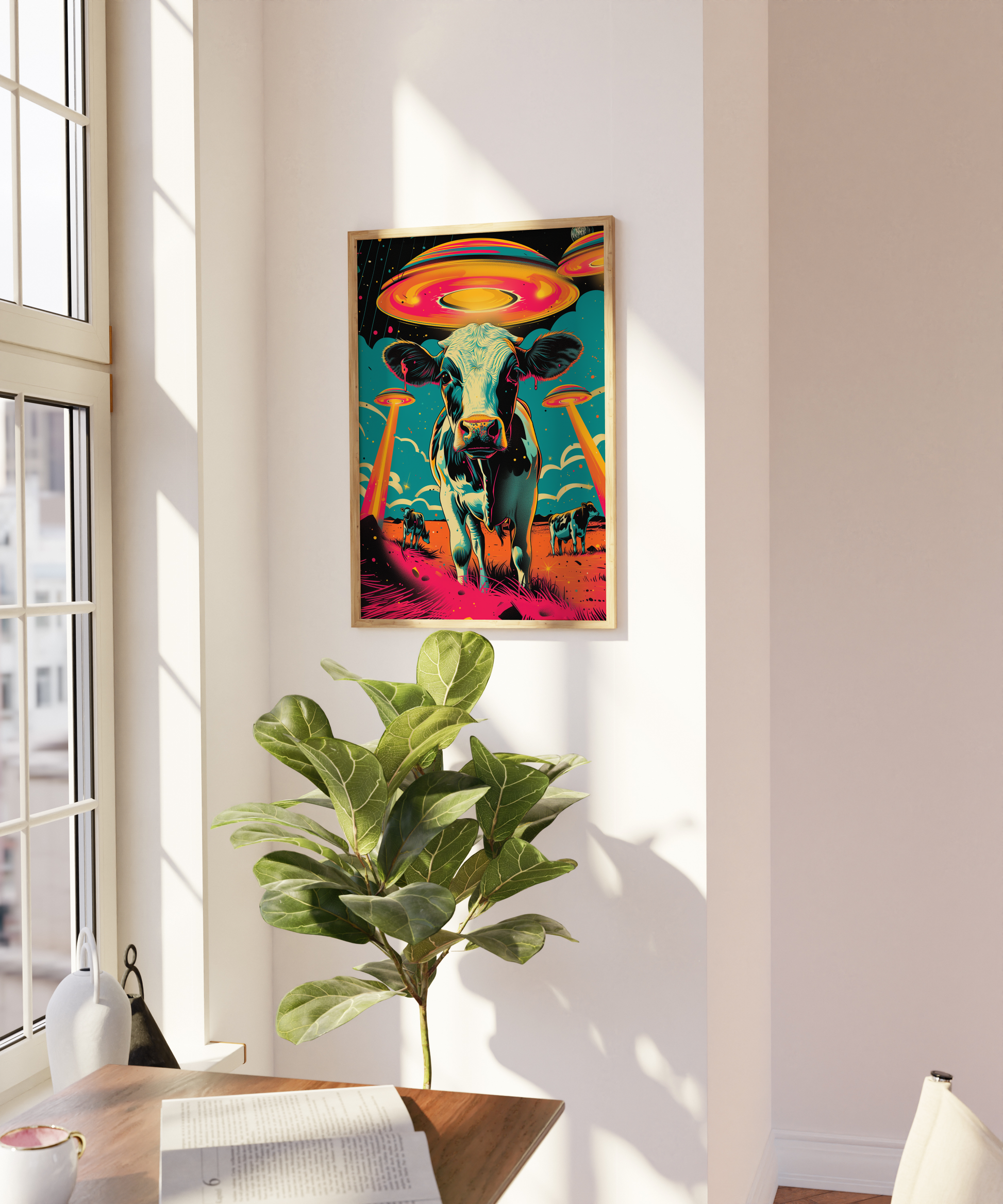 Retro poster with a close-up of a cow with alien UFOs in the background, on a blank wall - Paw Prints