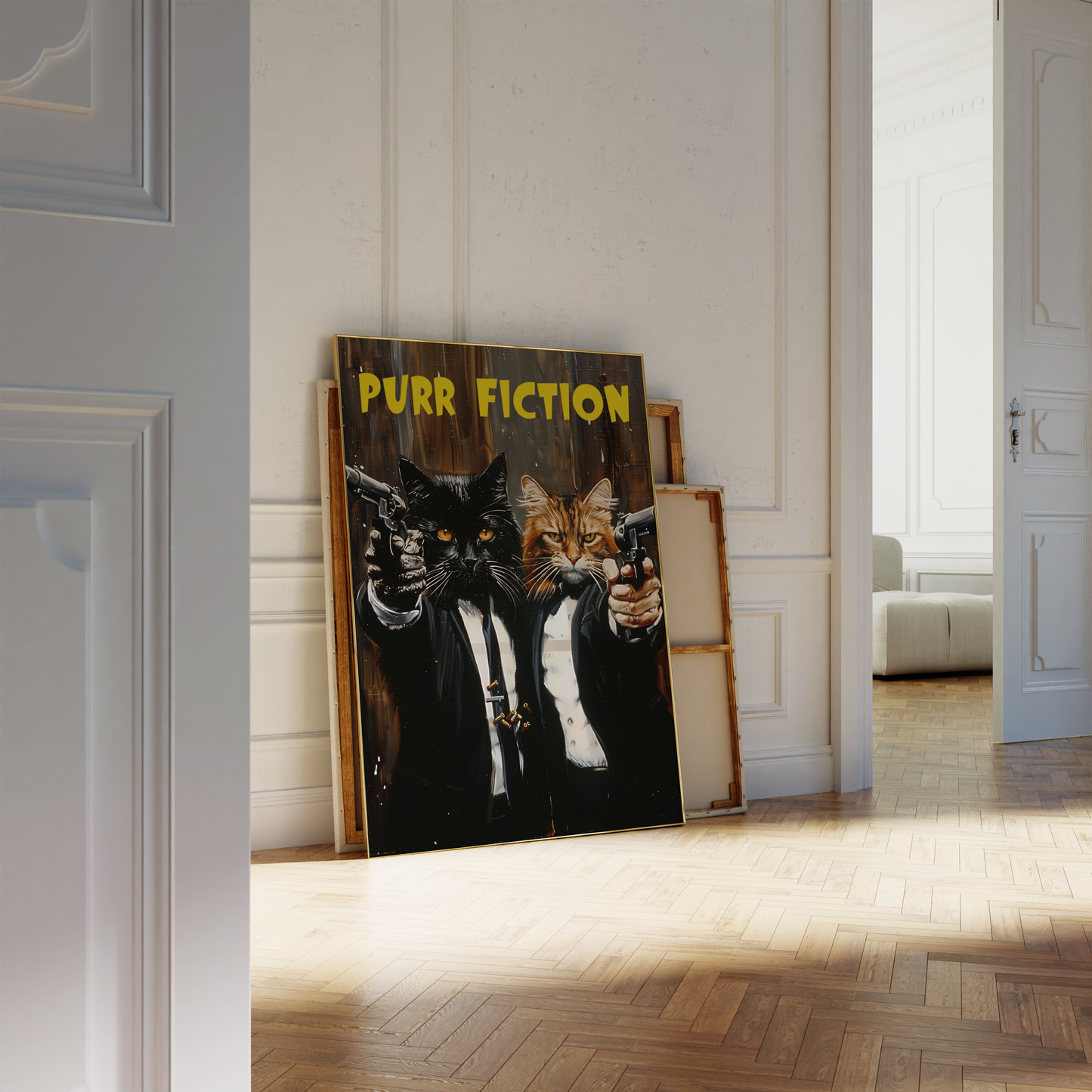 Two cats wearing suits, pointing guns with the title "Purr Fiction", leaning against a white bathroom wall - Paw Prints