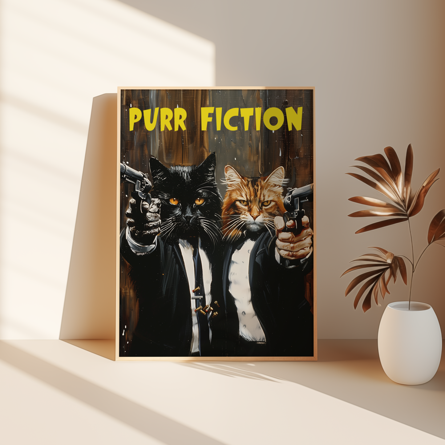 Two cats wearing suits, pointing guns with the title "Purr Fiction", leaning against the bedroom floor - Paw Prints