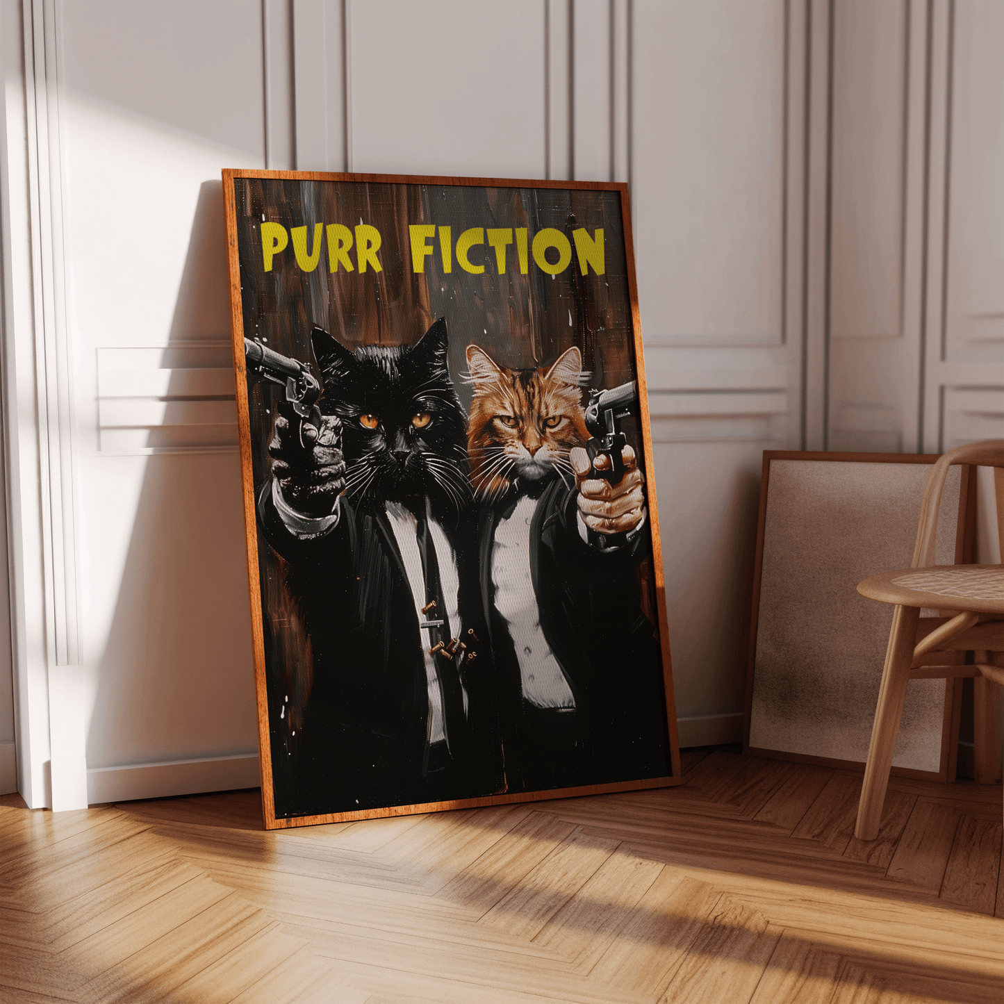 Two cats wearing suits, pointing guns with the title "Purr Fiction", referencing Pulp Fiction, in a hallway - Paw Prints
