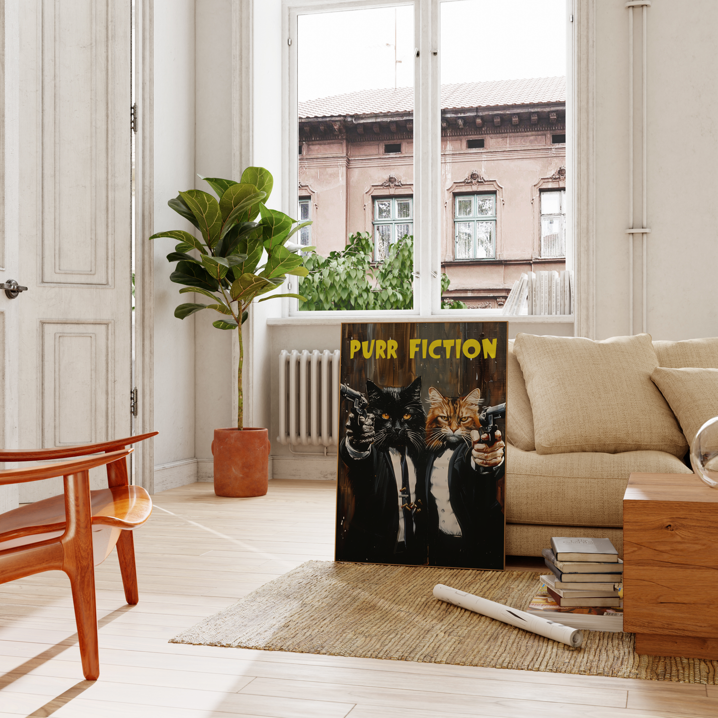Two cats wearing suits, pointing guns with the title "Purr Fiction", leaning on a couch in the living room - Paw Prints