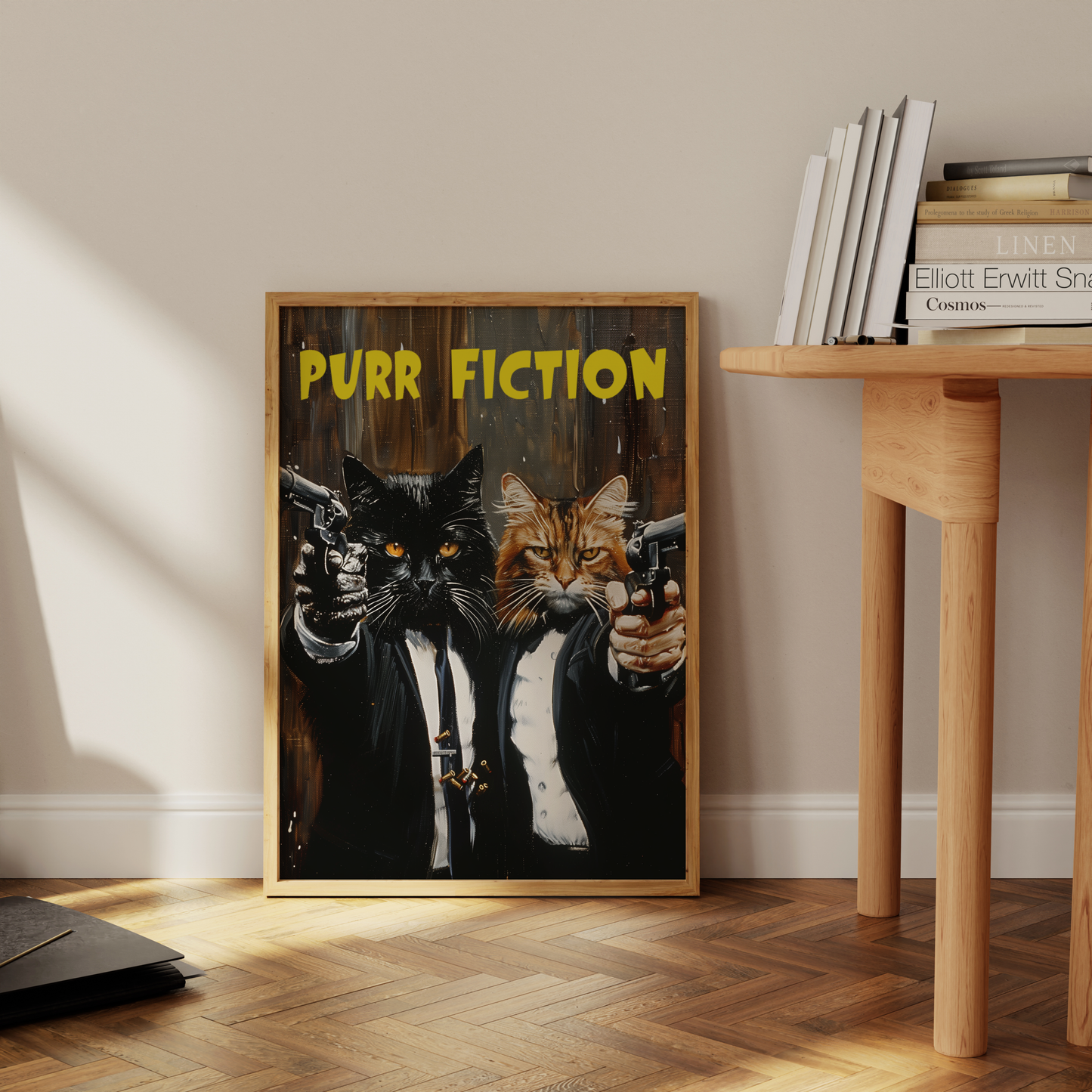 Two cats wearing suits, pointing guns with the title "Purr Fiction", leaning against the office wall - Paw Prints