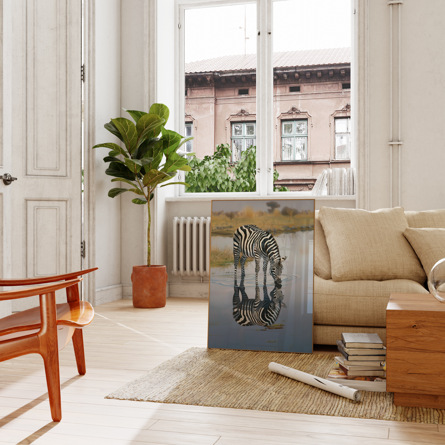 Painting of a zebra drinking water, its reflection if seen in the water, leaning against the living room couch - Paw Prints