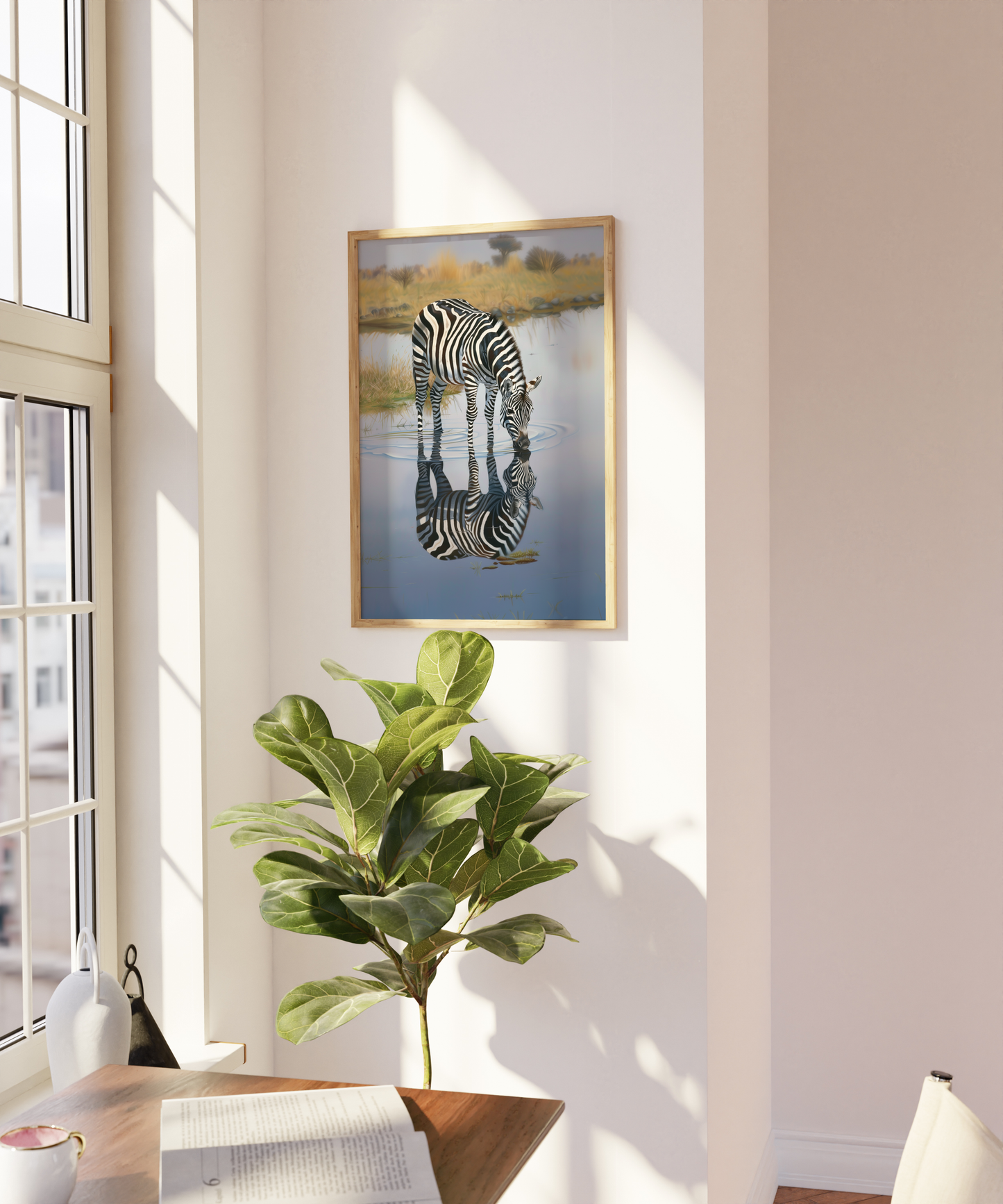 Painting of a zebra drinking water, its reflection if seen in the water, on a blank wall - Paw Prints