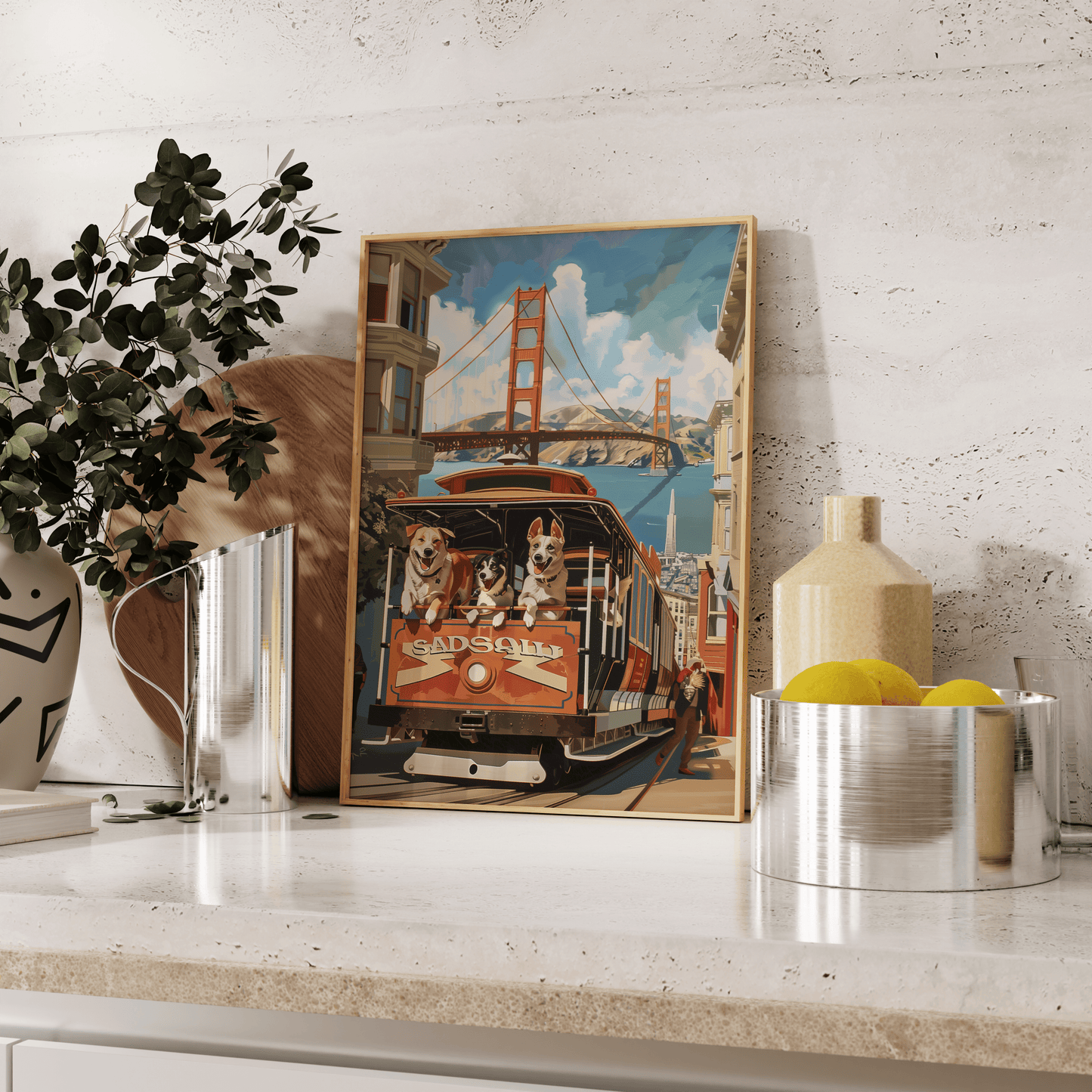 Painting of three dogs on a San Fransisco trolley, next to Golden Gate Bridge, leaning against the kitchen counter - Paw Prints