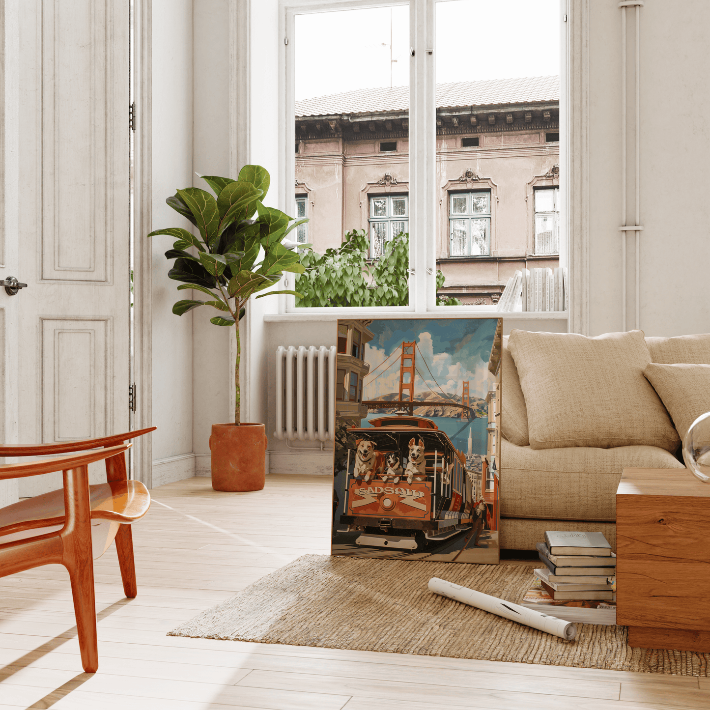 Painting of three dogs on a San Fransisco trolley, next to Golden Gate Bridge, leaning against the living room couch - Paw Prints