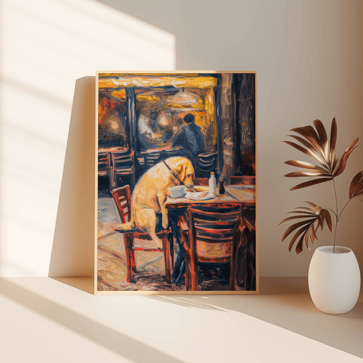 Painting of a Labrador dog eating dinner at an American diner, leaning against the bedroom floor - Paw Prints