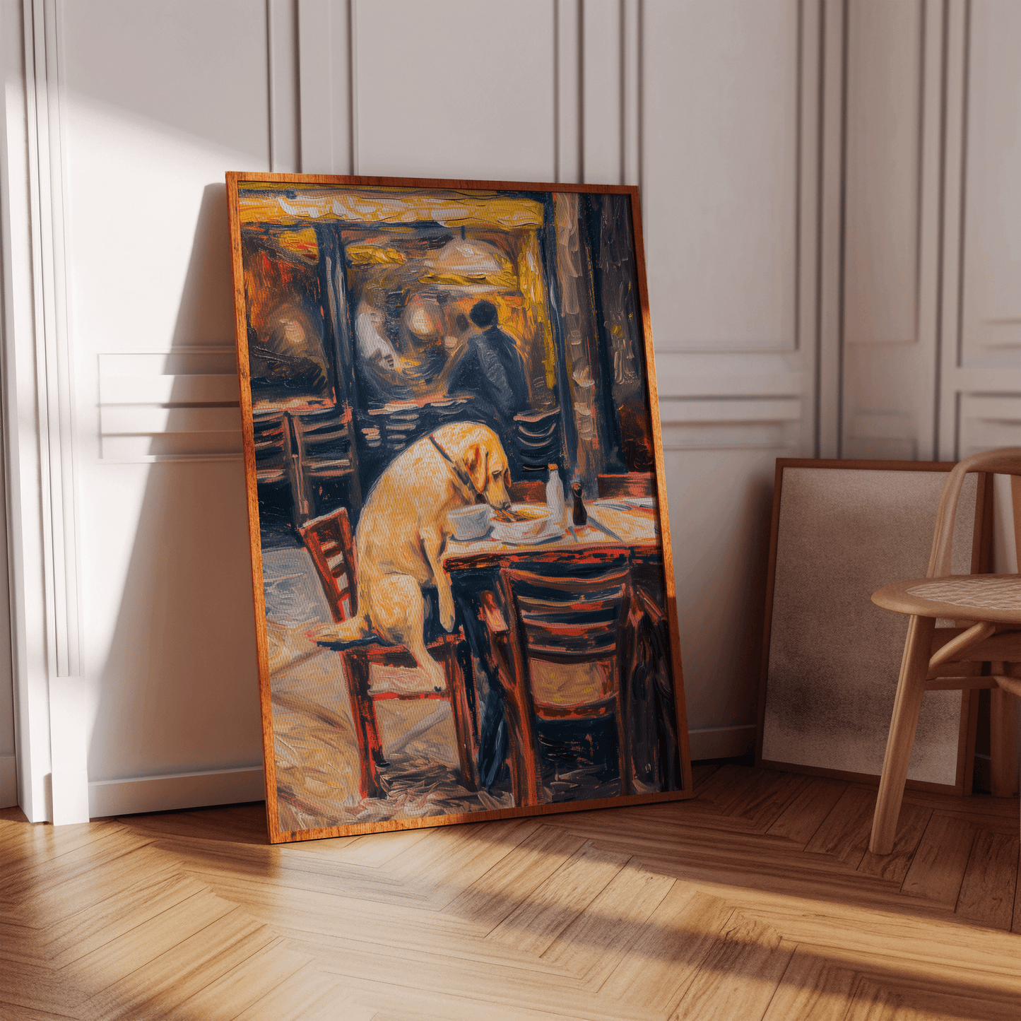 Painting of a Labrador dog eating dinner at an American diner, in a hallway - Paw Prints