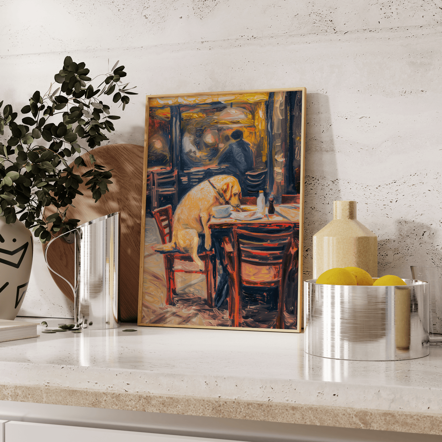 Painting of a Labrador dog eating dinner at an American diner, leaning against the kitchen counter - Paw Prints