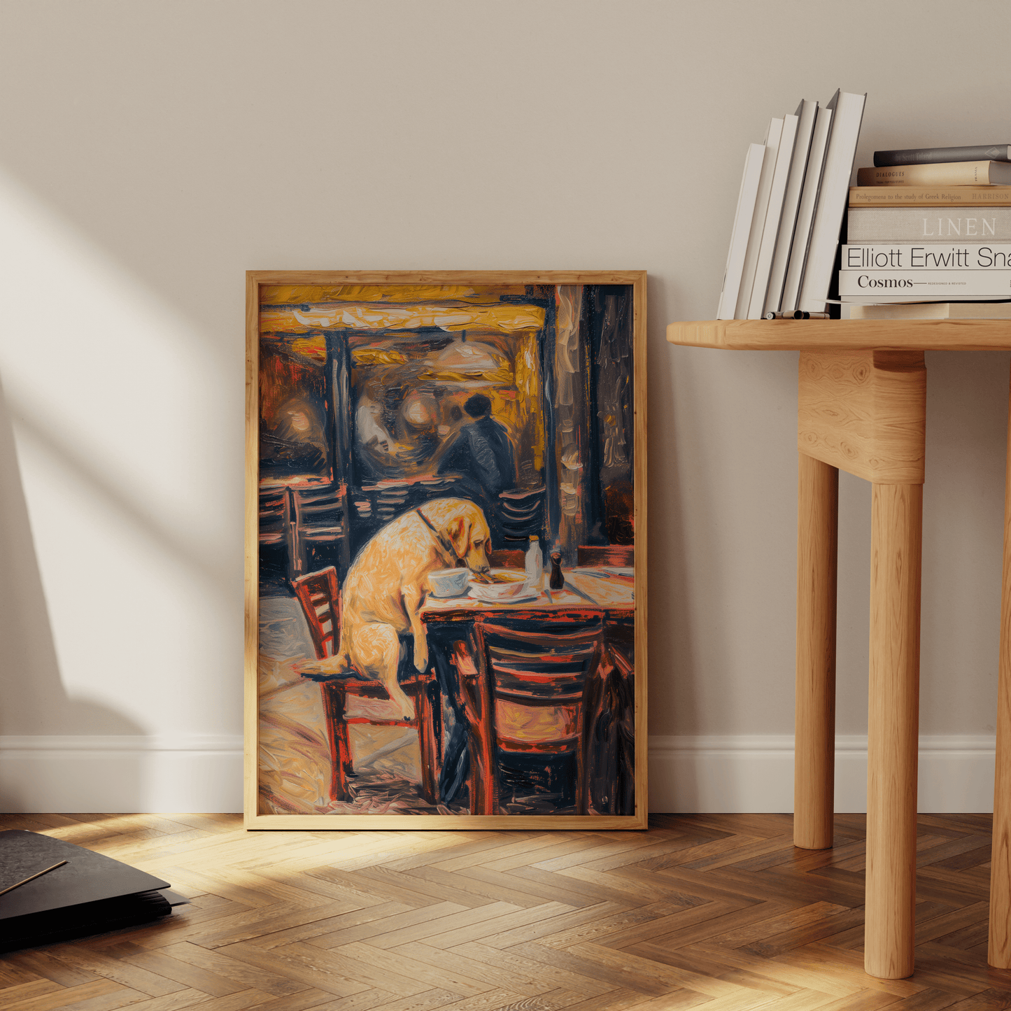 Painting of a Labrador dog eating dinner at an American diner, leaning against the office wall - Paw Prints